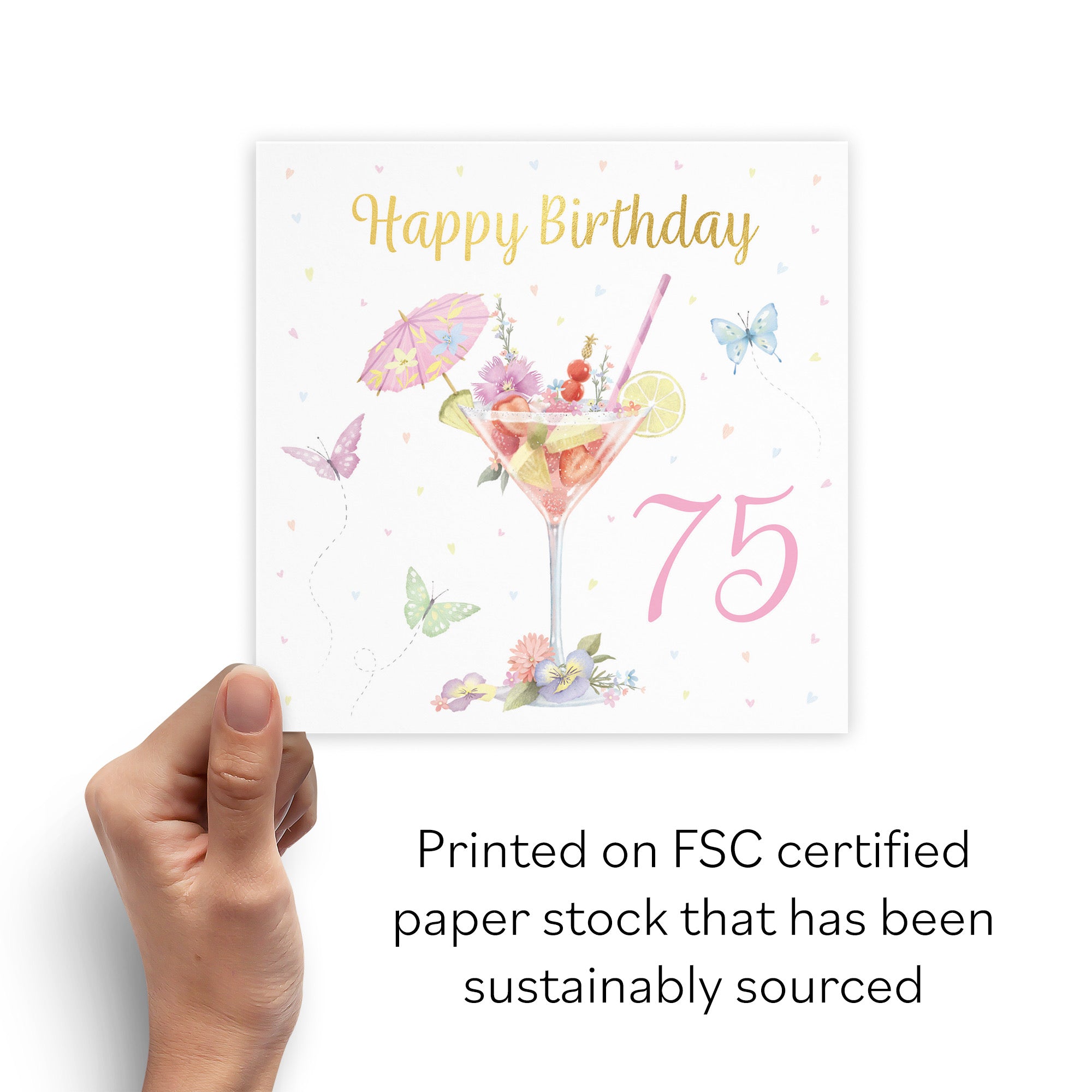 Pink Cocktail And Butterflies 75th Birthday Card Gold Foil Milo's Gallery - Default Title (B0CX23LNW9)