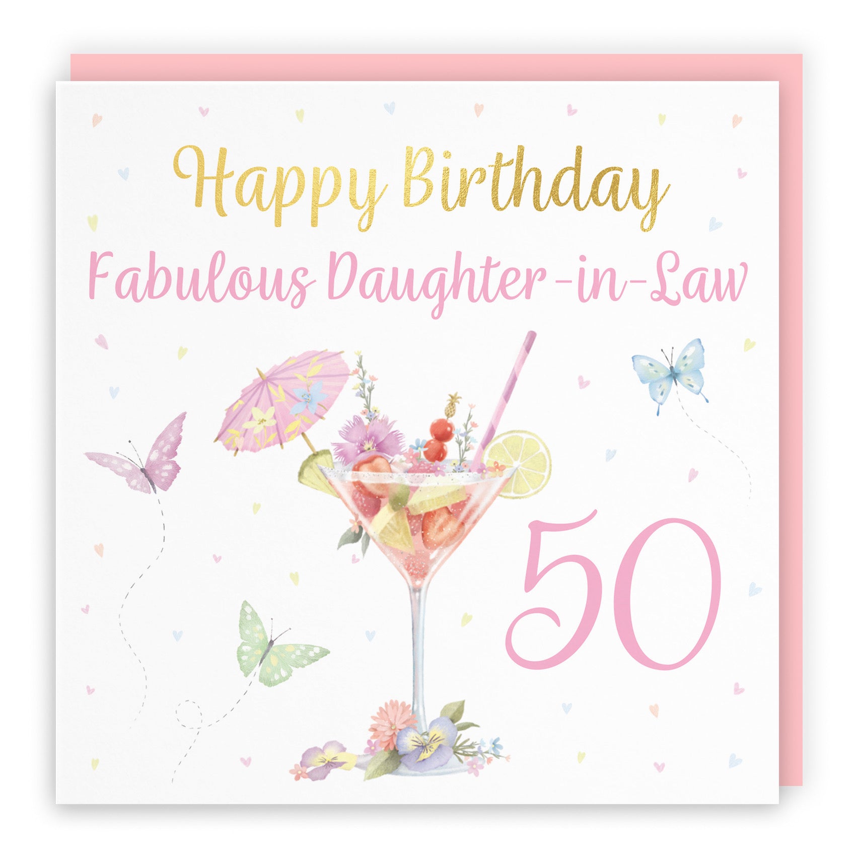 50th Daughter In Law Pink Cocktail And Butterflies Birthday Card Gold Foil Milo's Gallery - Default Title (B0CX23SKH6)