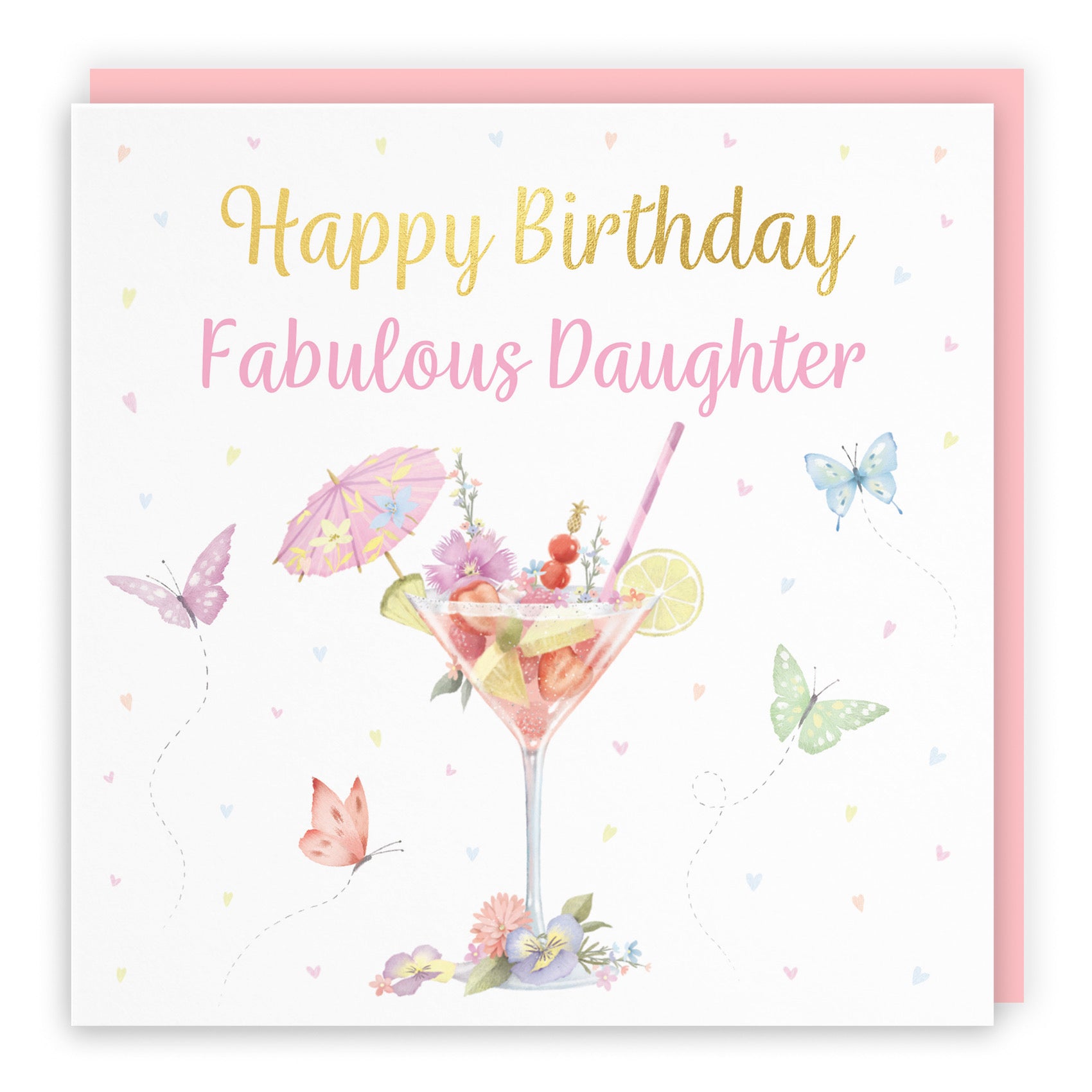 Daughter Pink Cocktail And Butterflies Birthday Card Gold Foil Milo's Gallery - Default Title (B0CX246X53)