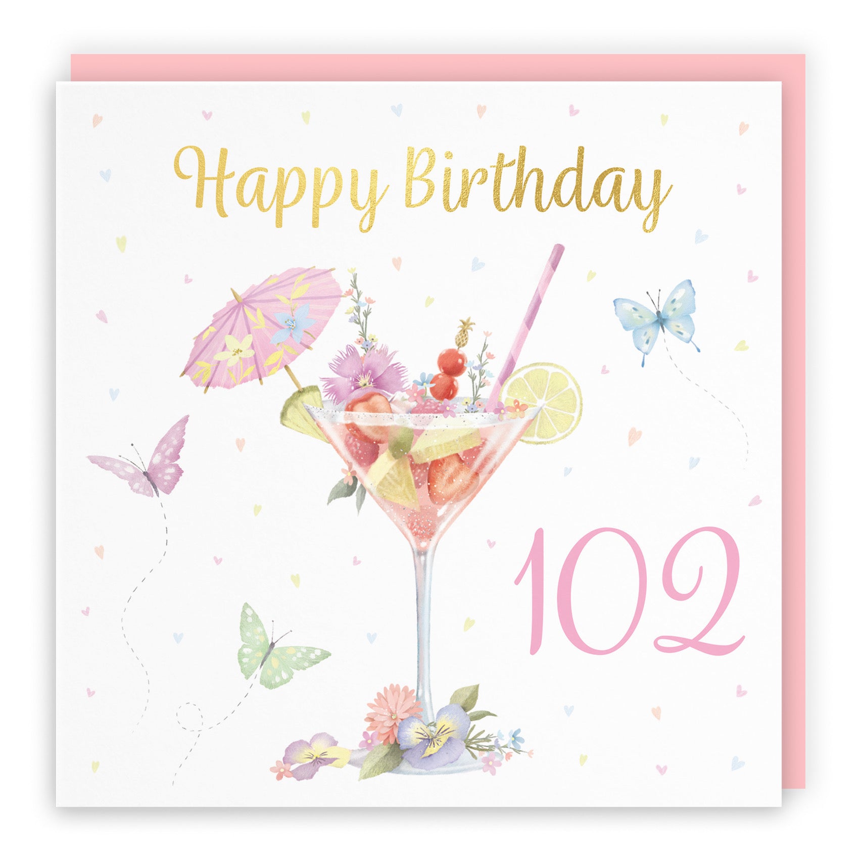 Pink Cocktail And Butterflies 102nd Birthday Card Gold Foil Milo's Gallery - Default Title (B0CX24CWKN)