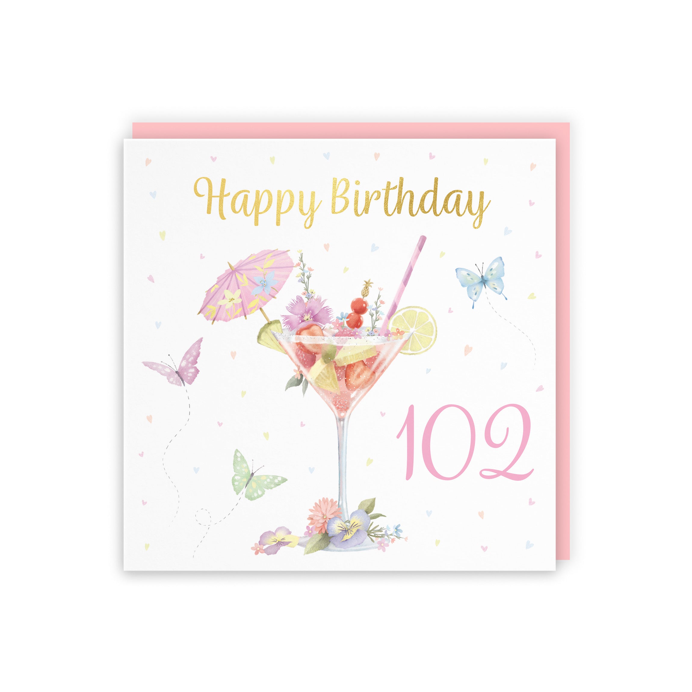 Pink Cocktail And Butterflies 102nd Birthday Card Gold Foil Milo's Gallery - Default Title (B0CX24CWKN)