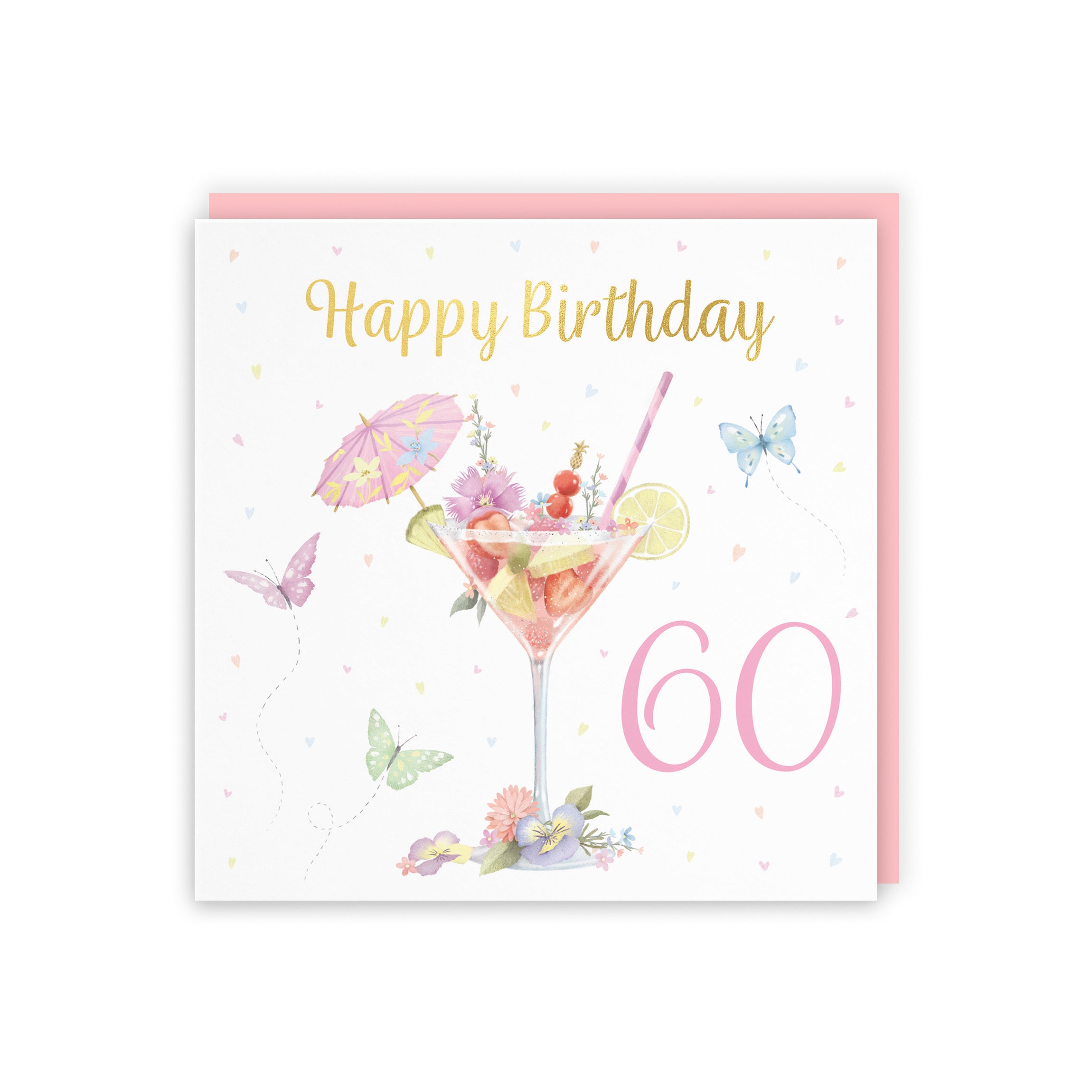 Pink Cocktail And Butterflies 60th Birthday Card Gold Foil Milo's Gallery - Default Title (B0CX255QBW)