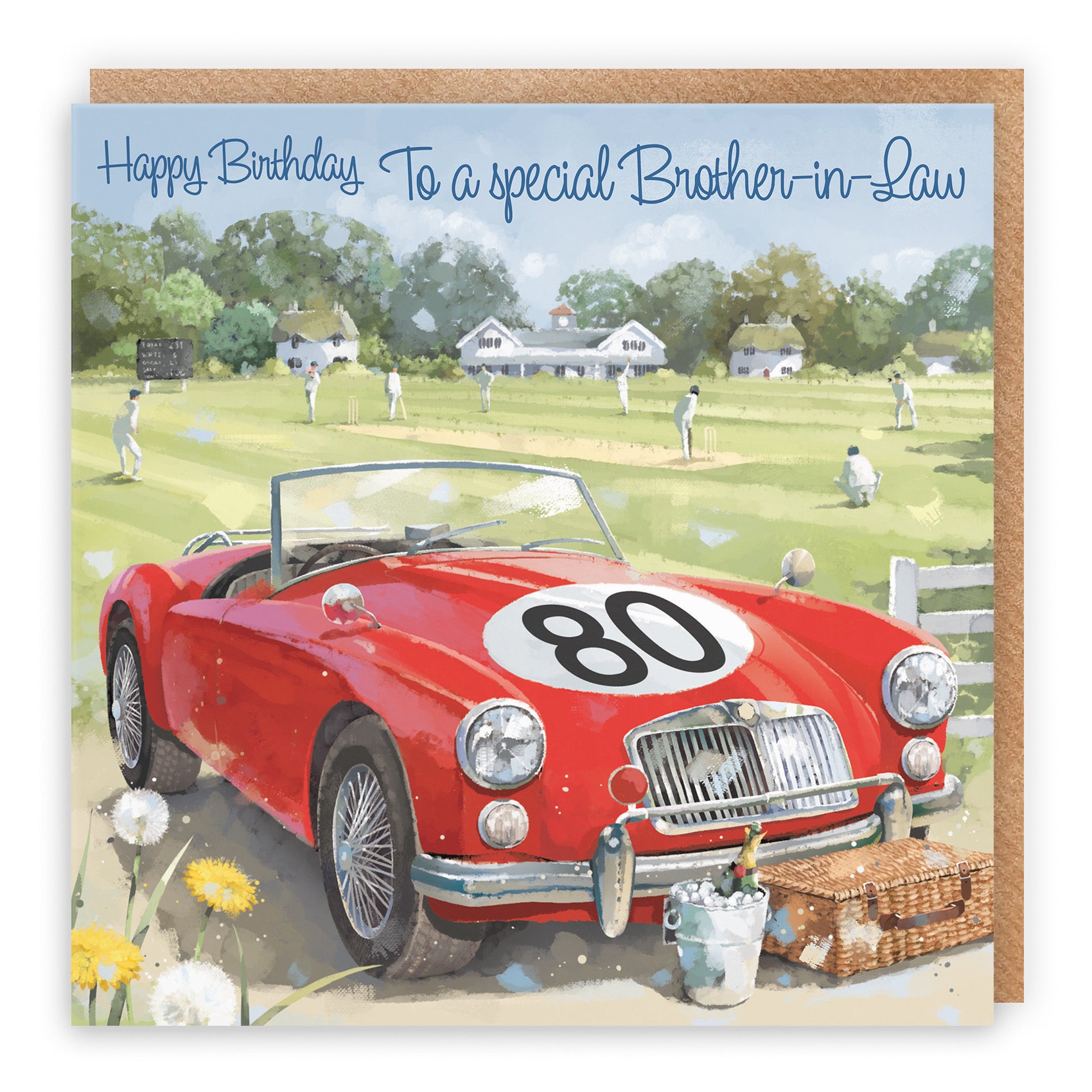 Large 80th Brother-in-Law Birthday Card Classic Car Cricket Match Milo's Gallery - Default Title (B0CXY597L6)