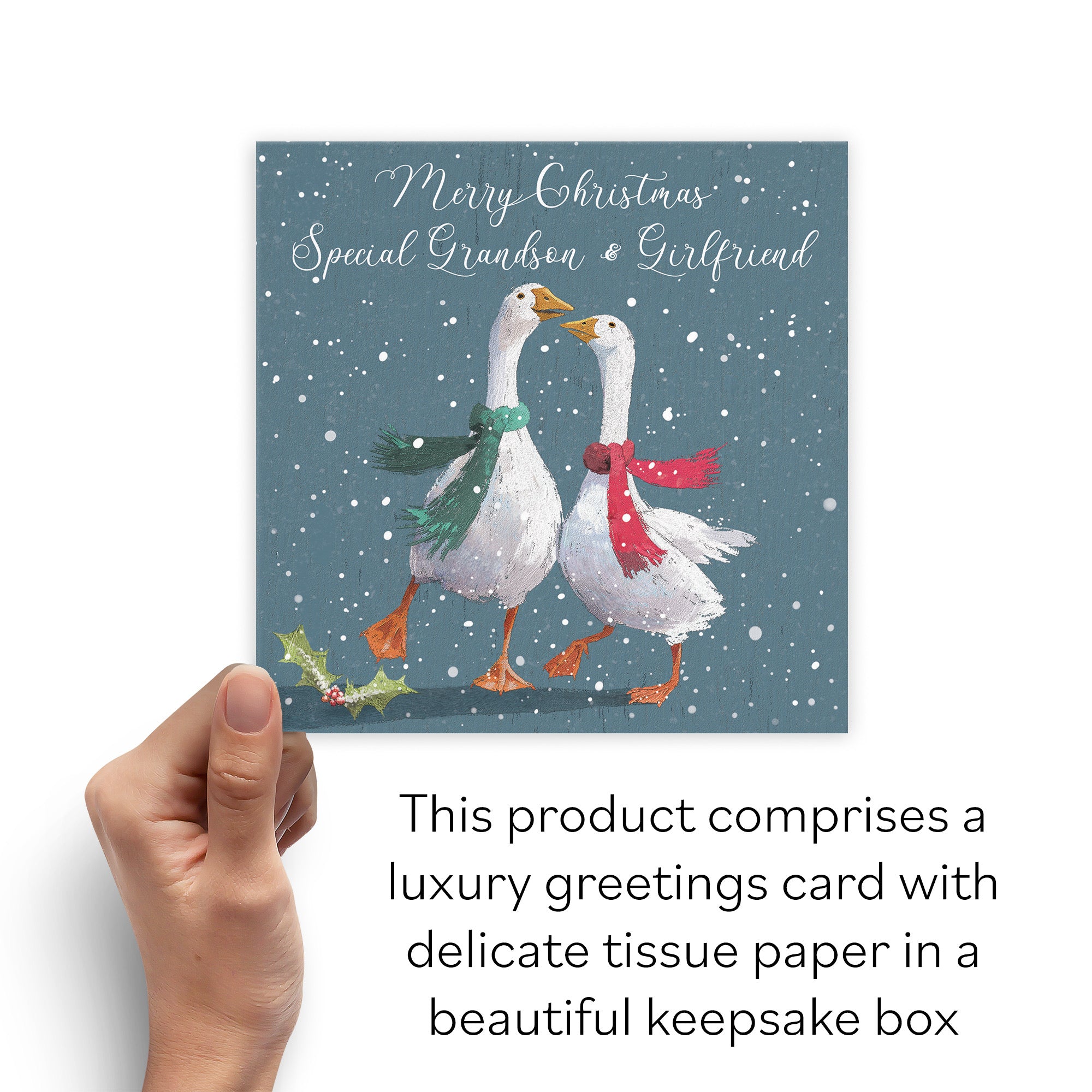 Boxed Grandson And Girlfriend Festive Geese Christmas Card Milo's Gallery - Default Title (B0D5R7ZQYT)