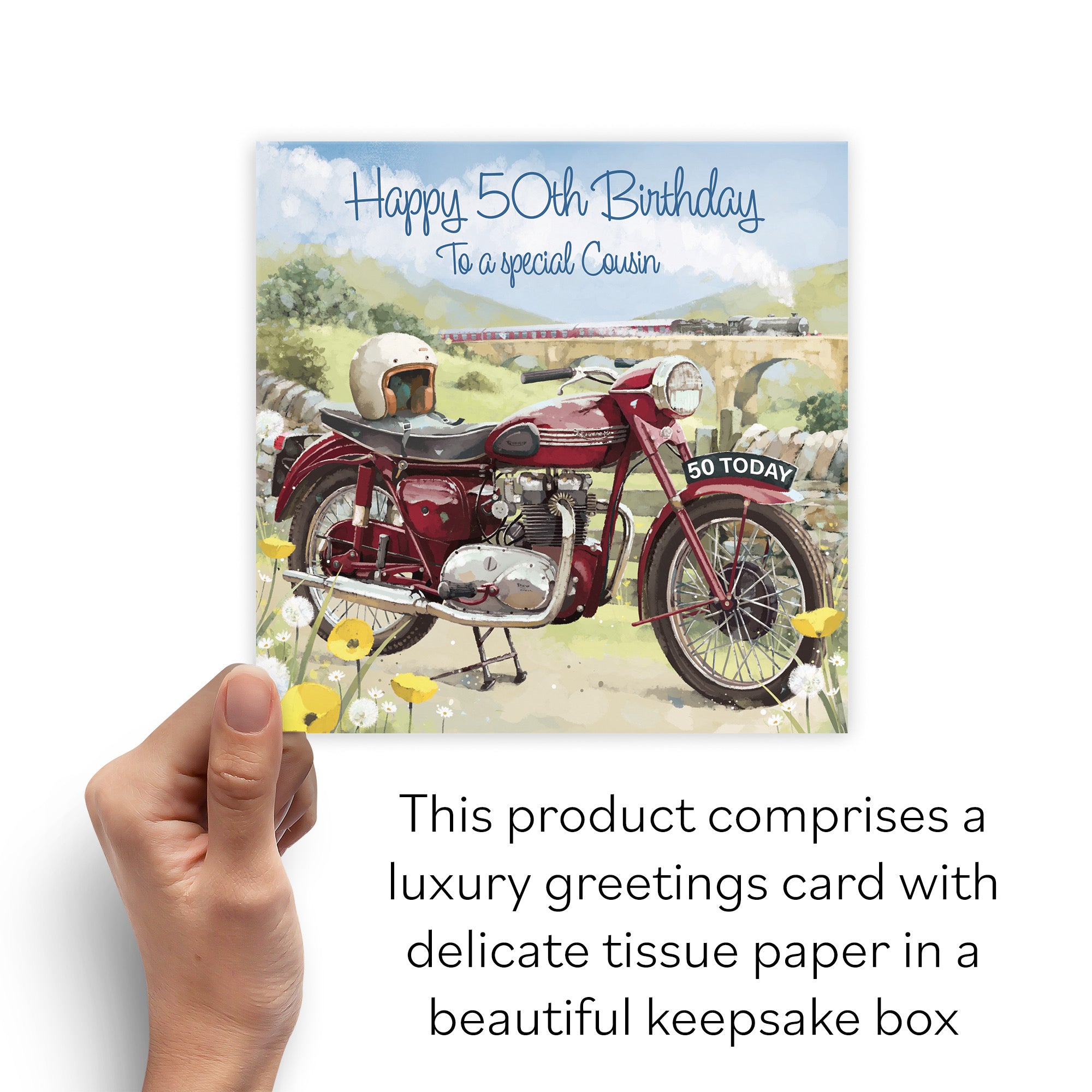 Boxed 50th Cousin Male Birthday Card Vintage Motorbike Milo's Gallery - Default Title (B0D5R9K6DQ)