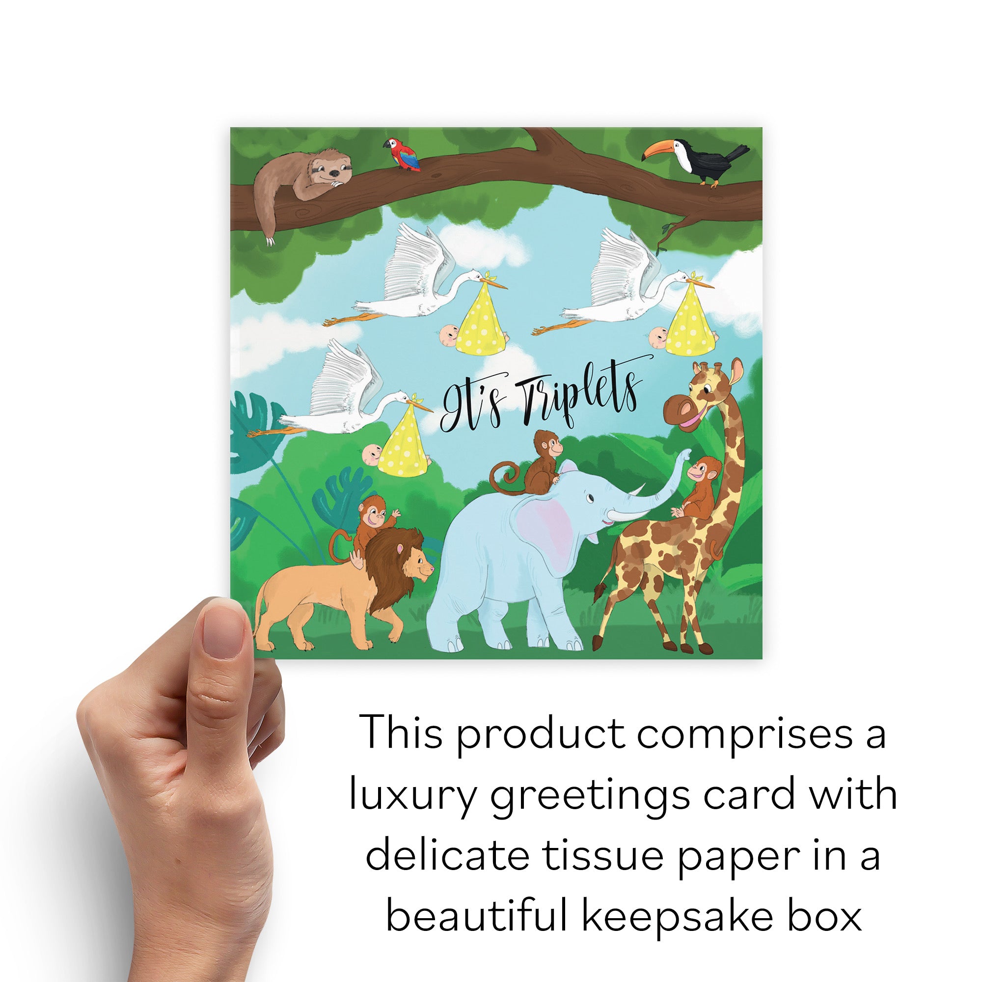 Boxed New Baby Triplets Congratulations Card Stork Jungle - Default Title (B0D5RJCJHR)