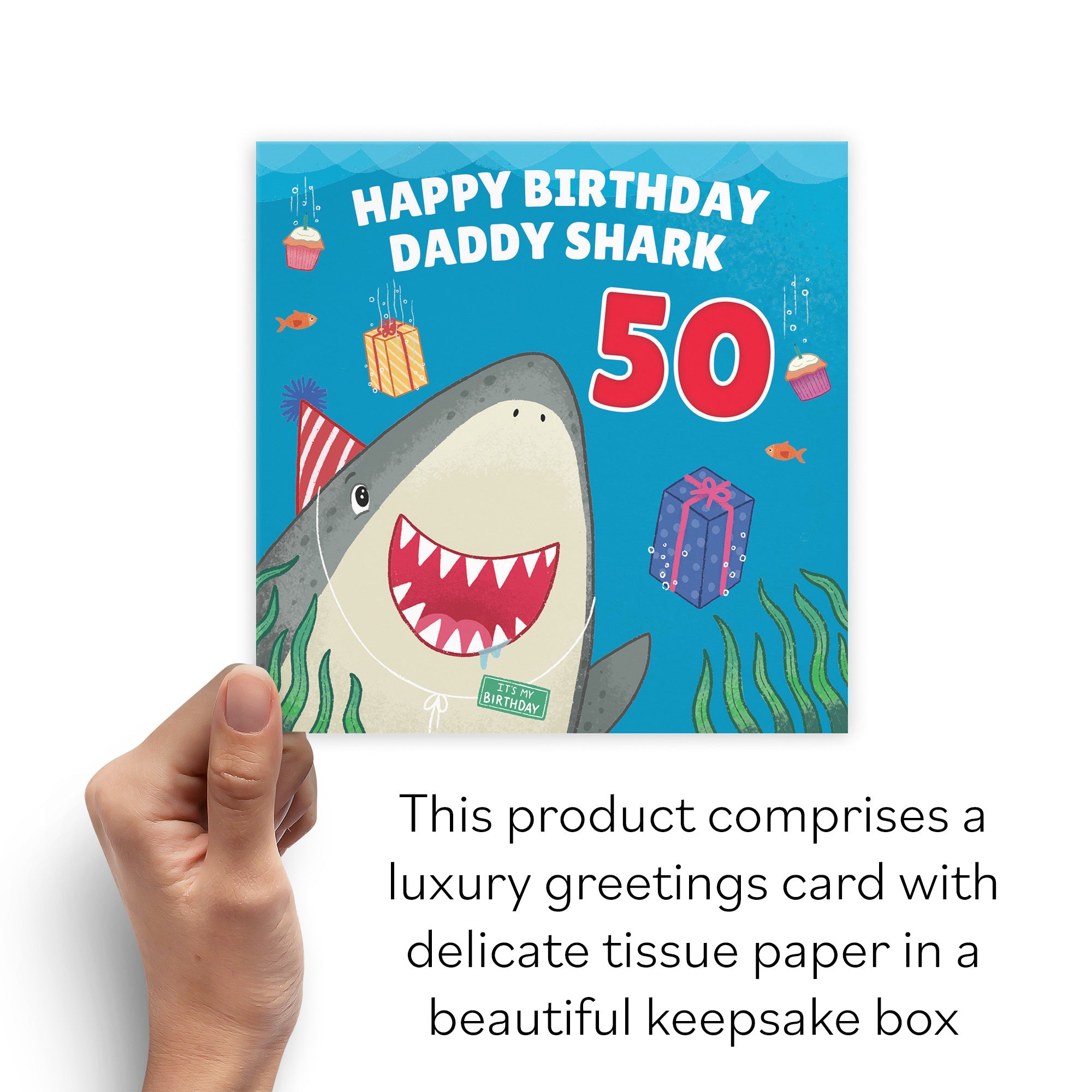 Boxed 50th Daddy Cute Shark Birthday Card Ocean - Default Title (B0D5RKWZ8X)