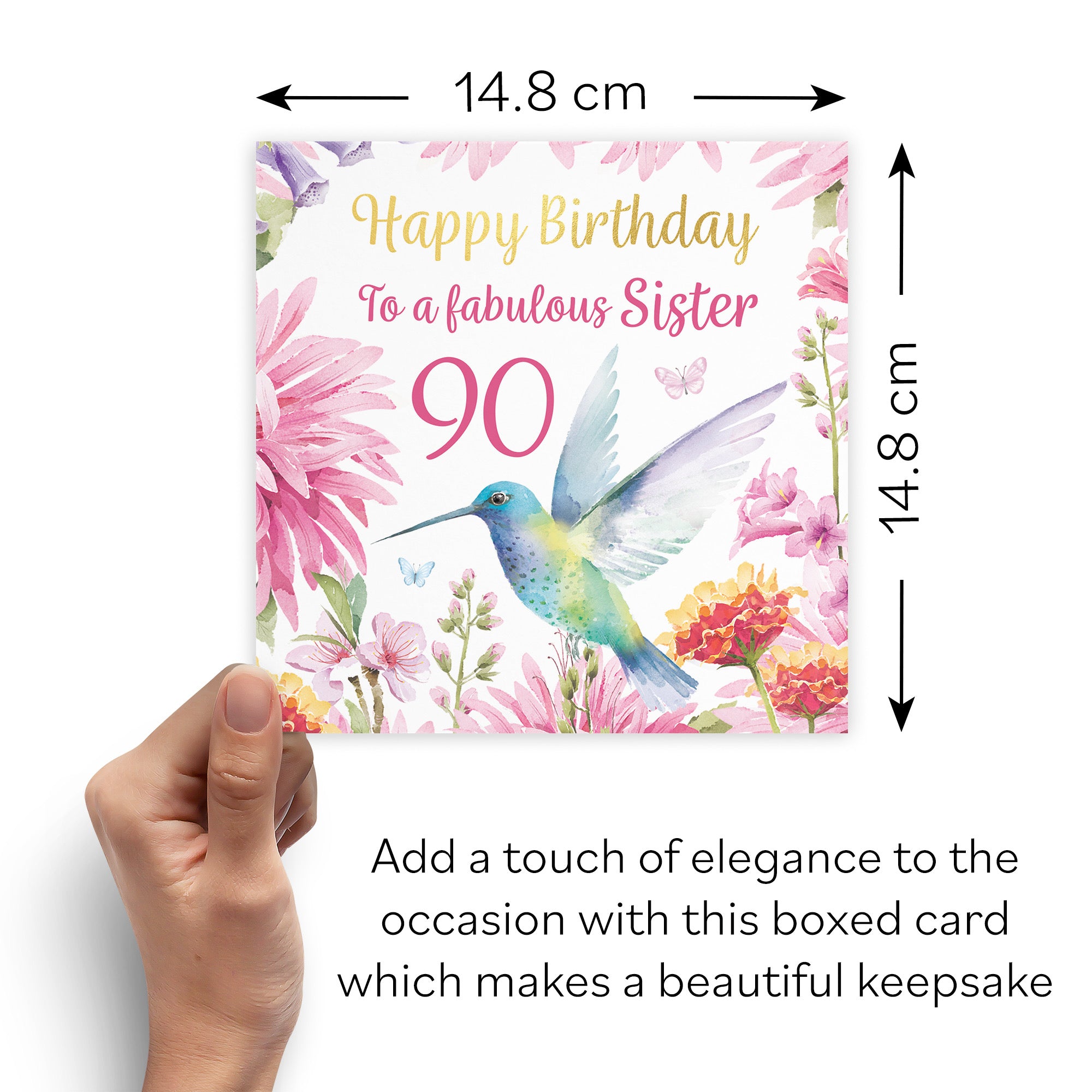 Boxed 90th Sister Birthday Card Hummingbird Gold Foil Milo's Gallery - Default Title (B0D5YK4PRM)