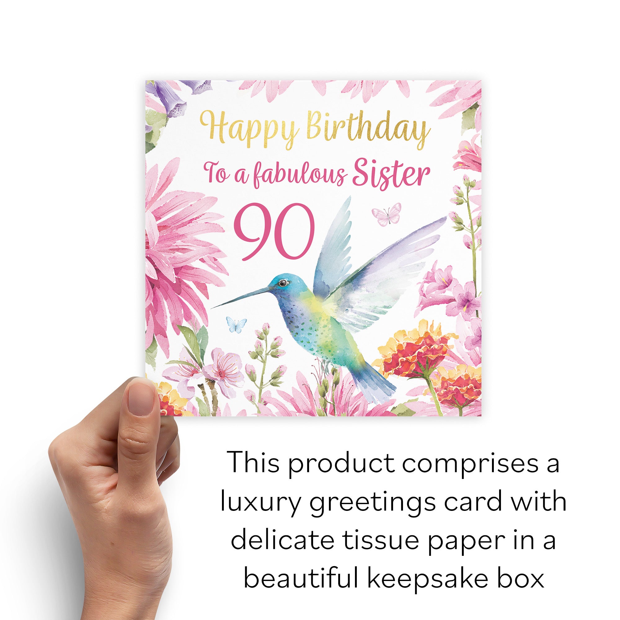 Boxed 90th Sister Birthday Card Hummingbird Gold Foil Milo's Gallery - Default Title (B0D5YK4PRM)