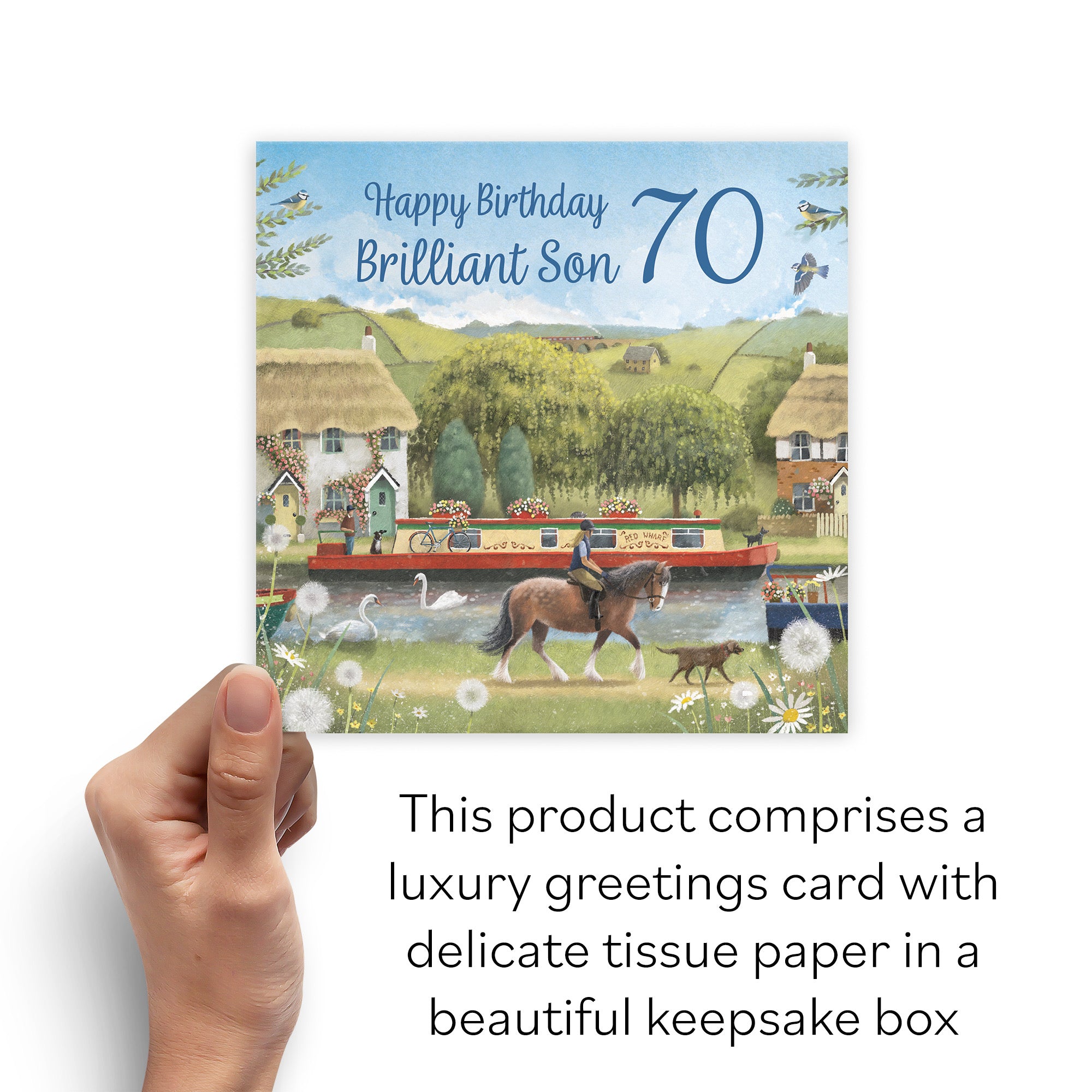 Boxed 70th Son Canal Narrowboat Birthday Card Horse Riding Milo's Gallery - Default Title (B0D5YK4PRV)