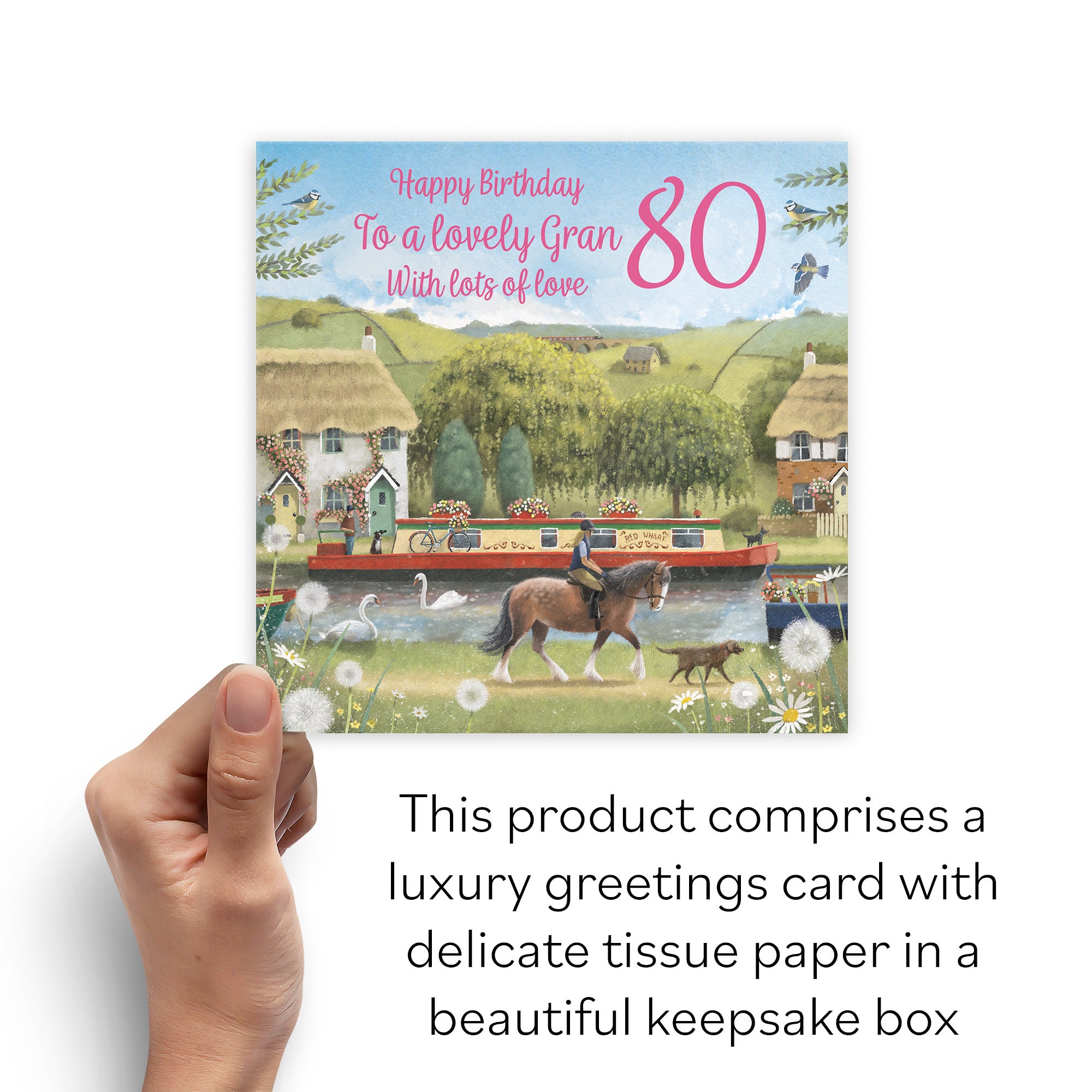 Boxed 80th Gran Canal Narrowboat Birthday Card Horse Riding Milo's Gallery - Default Title (B0D5YKX16K)