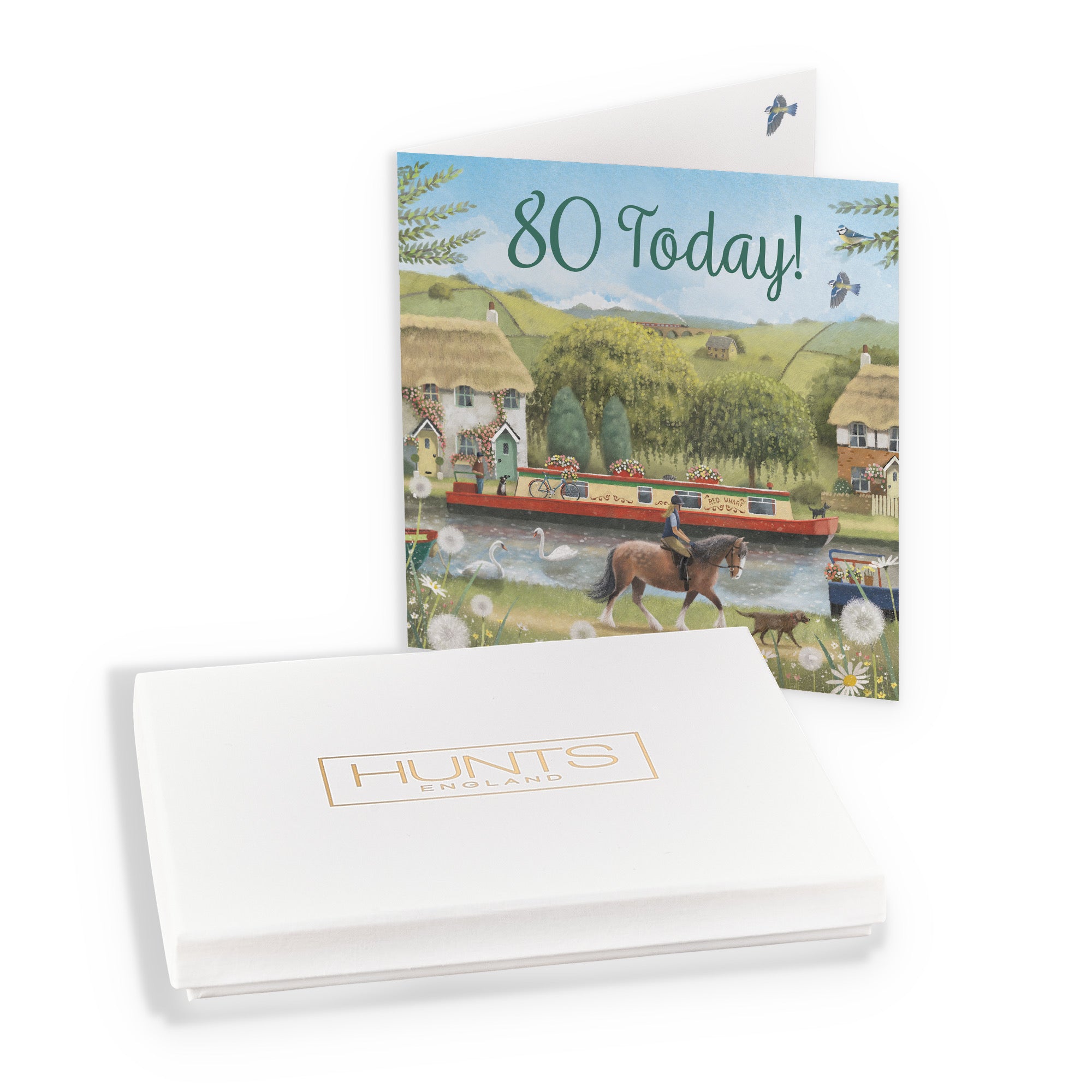 Boxed Canal Narrowboat 80th Birthday Card Horse Riding Milo's Gallery - Default Title (B0D5YMLQBP)