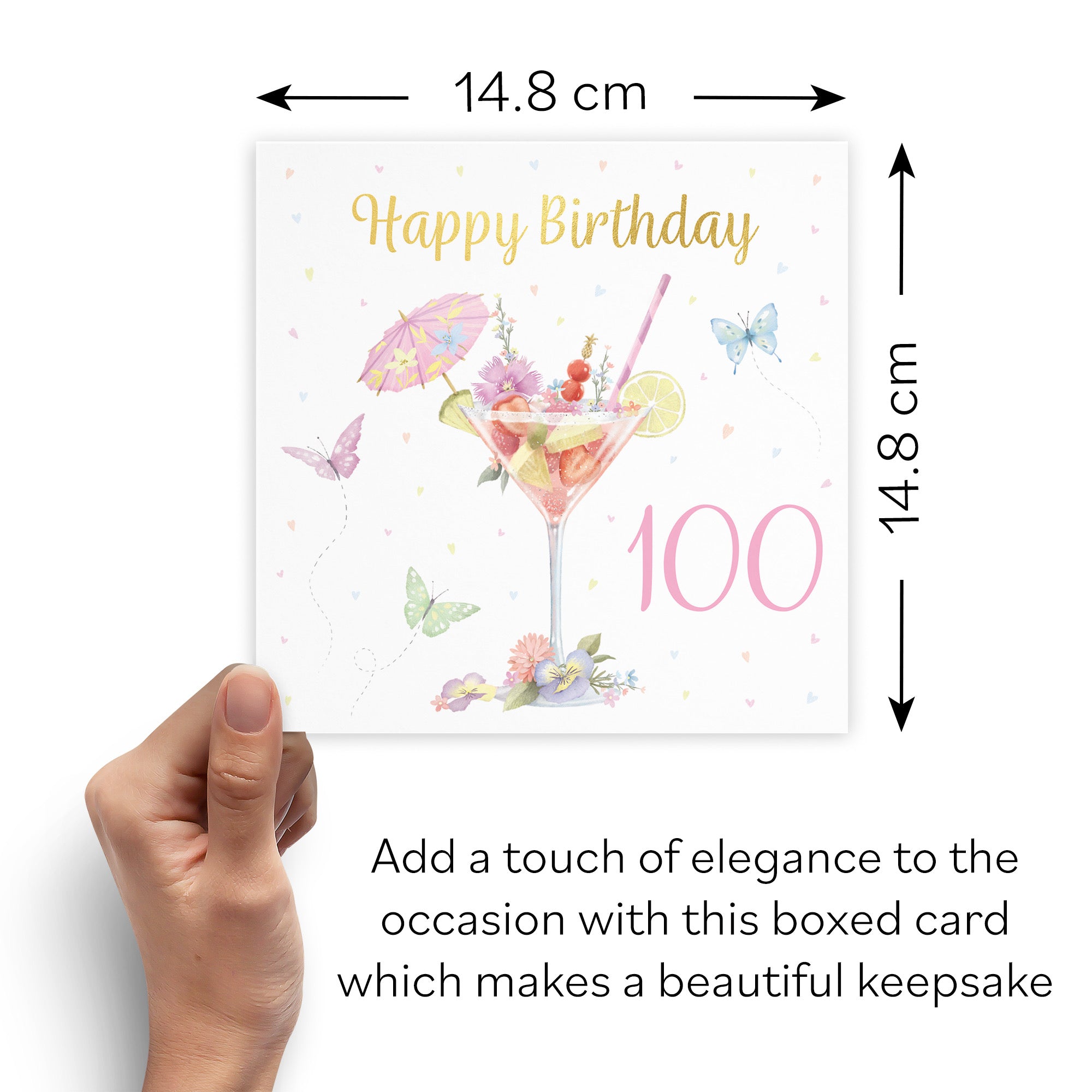 Boxed Pink Cocktail And Butterflies 100th Birthday Card Gold Foil Milo's Gallery - Default Title (B0D5YSPRWB)