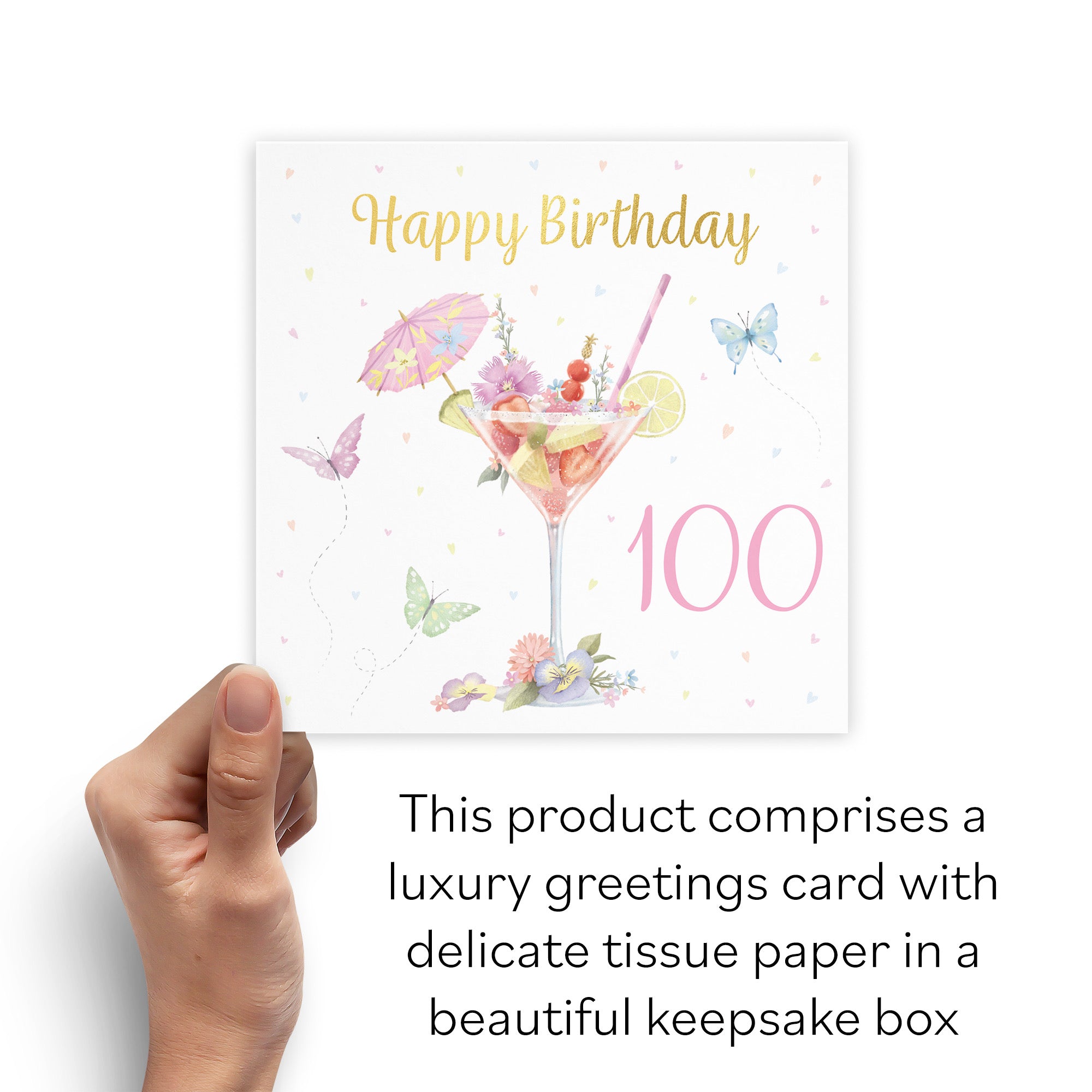 Boxed Pink Cocktail And Butterflies 100th Birthday Card Gold Foil Milo's Gallery - Default Title (B0D5YSPRWB)