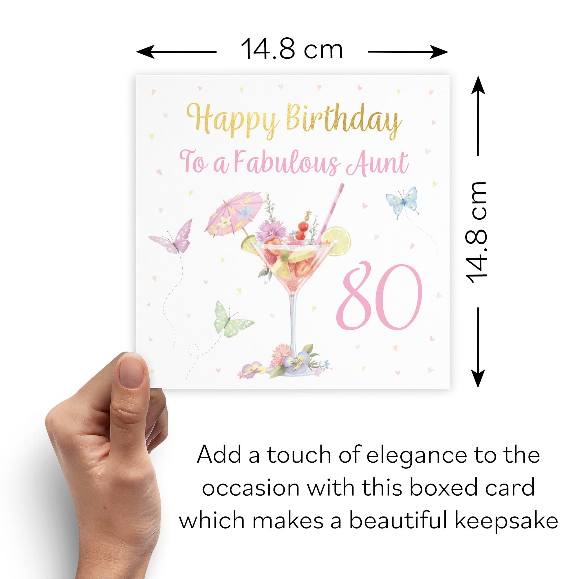 Boxed 80th Aunt Pink Cocktail And Butterflies Birthday Card Gold Foil Milo's Gallery - Default Title (B0D5YT9TG4)