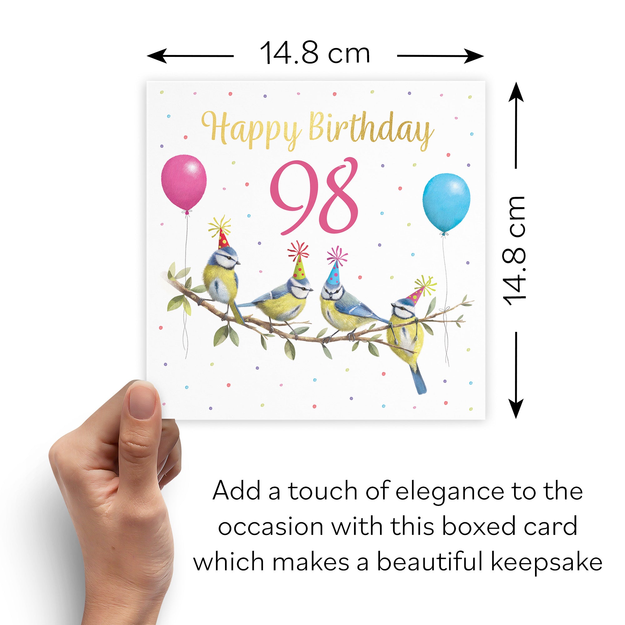 Boxed Blue Tits 98th Birthday Card Gold Foil Milo's Gallery - Default Title (B0D5YTML71)