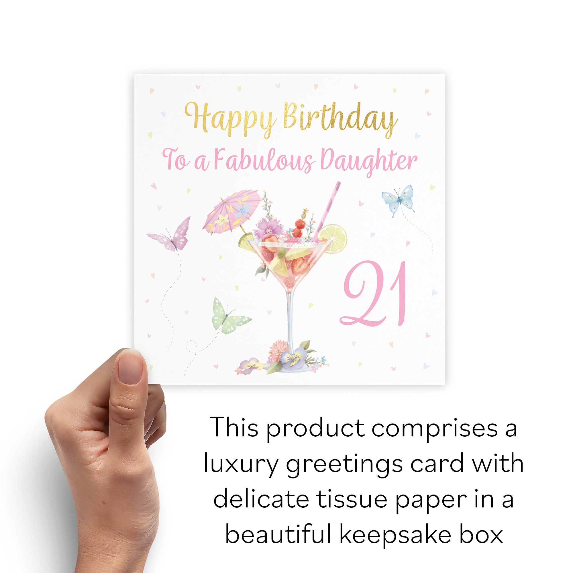 Boxed 21st Daughter Pink Cocktail And Butterflies Birthday Card Gold Foil Milo's Gallery - Default Title (B0D5YTW8KM)