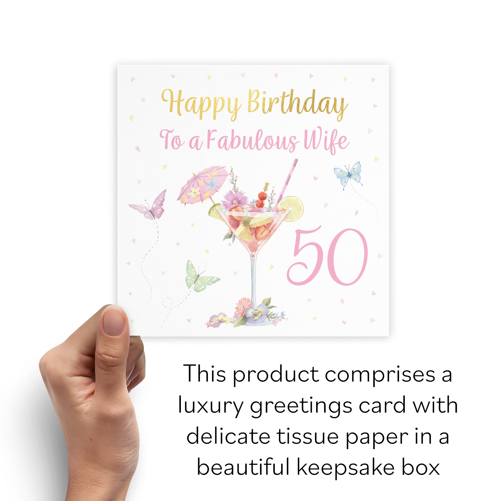 Boxed 50th Wife Pink Cocktail And Butterflies Birthday Card Gold Foil Milo's Gallery - Default Title (B0D5YTW9ZR)