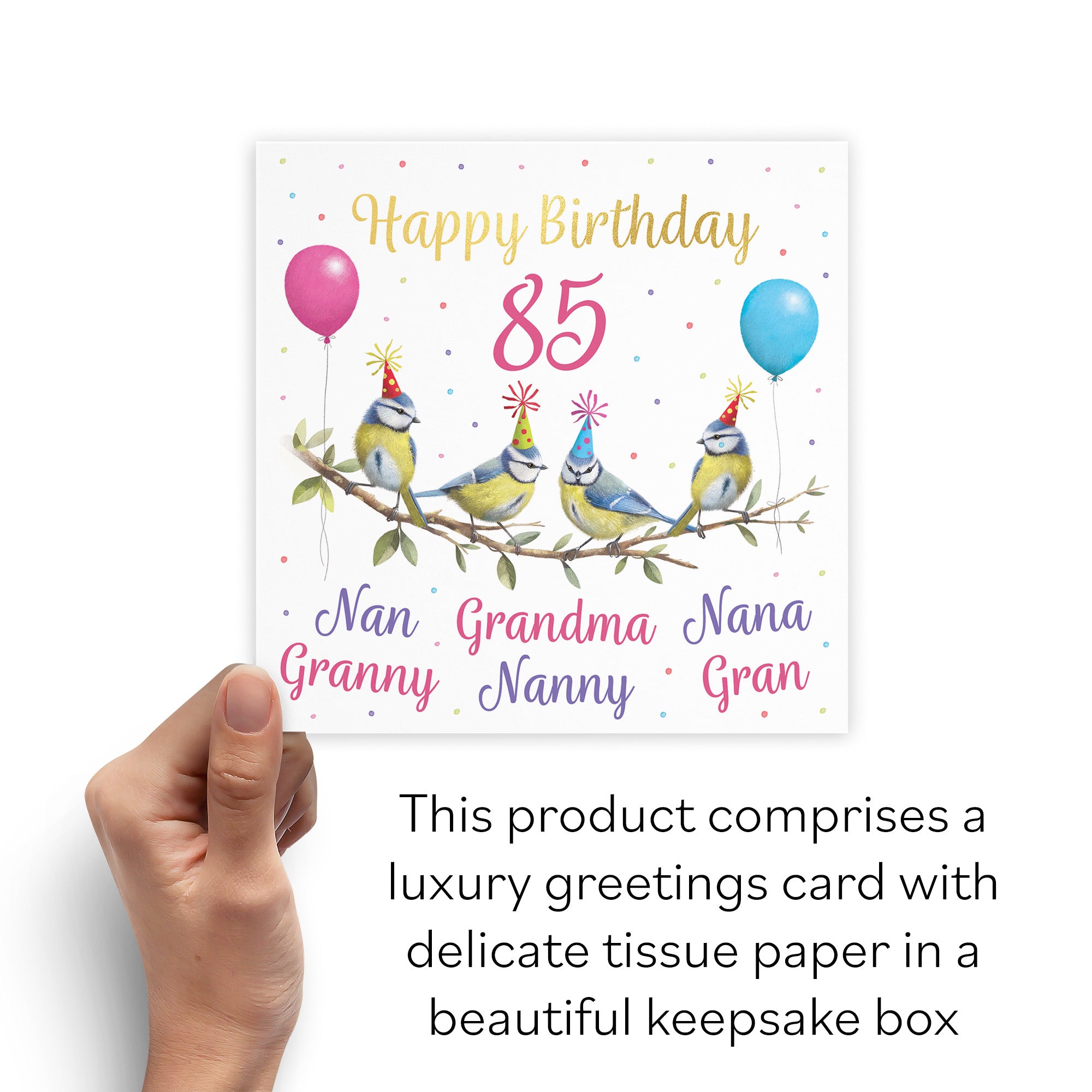 Boxed Multi Name Grandma Blue Tits 85th Birthday Card Gold Foil Milo's Gallery - Default Title (B0D5YV3M85)