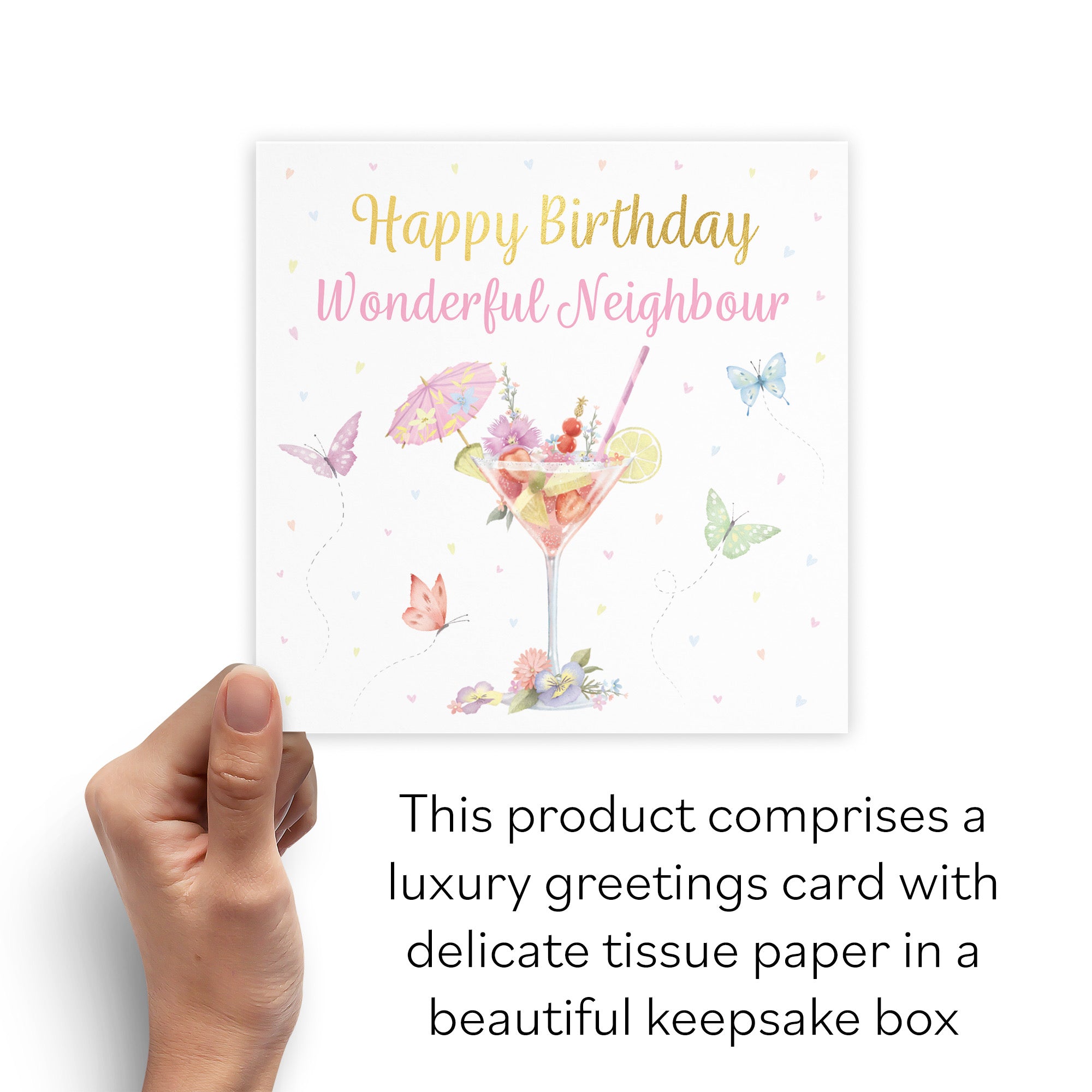 Boxed Neighbour Pink Cocktail And Butterflies Birthday Card Gold Foil Milo's Gallery - Default Title (B0D5YV63DT)