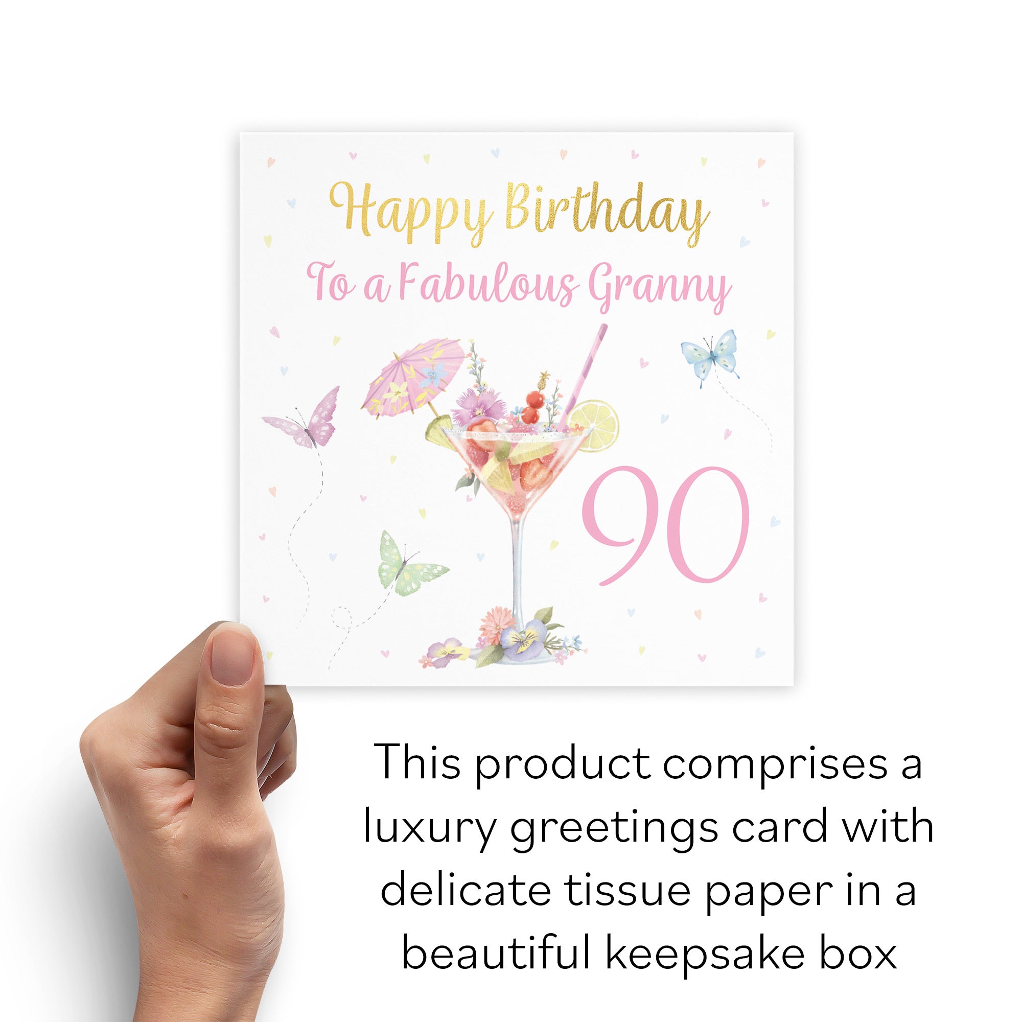 Boxed 90th Granny Pink Cocktail And Butterflies Birthday Card Gold Foil Milo's Gallery - Default Title (B0D5YV69R4)