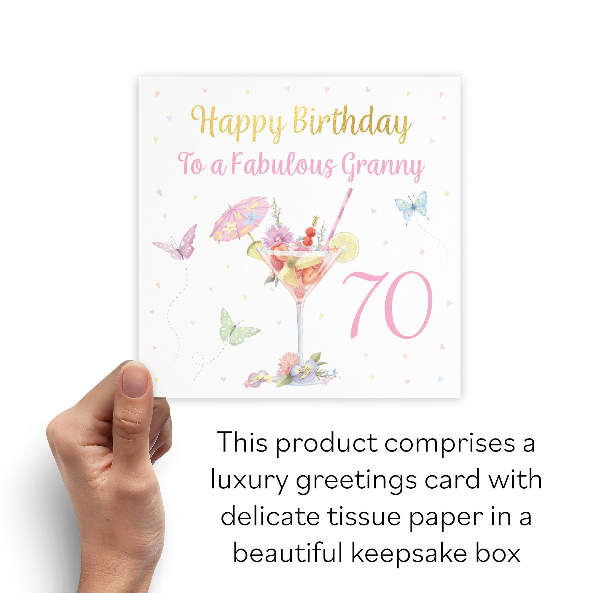 Boxed 70th Granny Pink Cocktail And Butterflies Birthday Card Gold Foil Milo's Gallery - Default Title (B0D5YVKK4T)