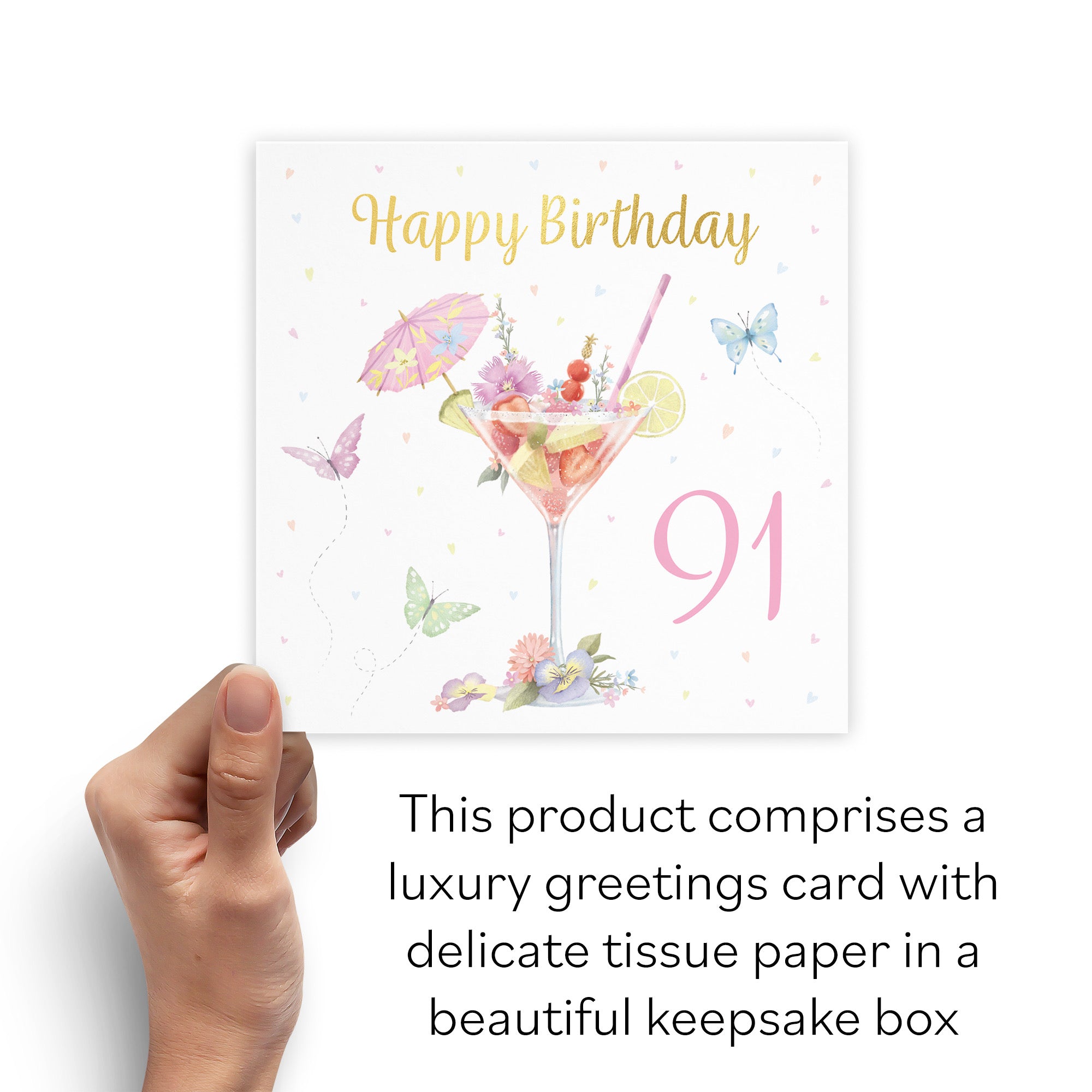 Boxed Pink Cocktail And Butterflies 91st Birthday Card Gold Foil Milo's Gallery - Default Title (B0D5YVPVLW)