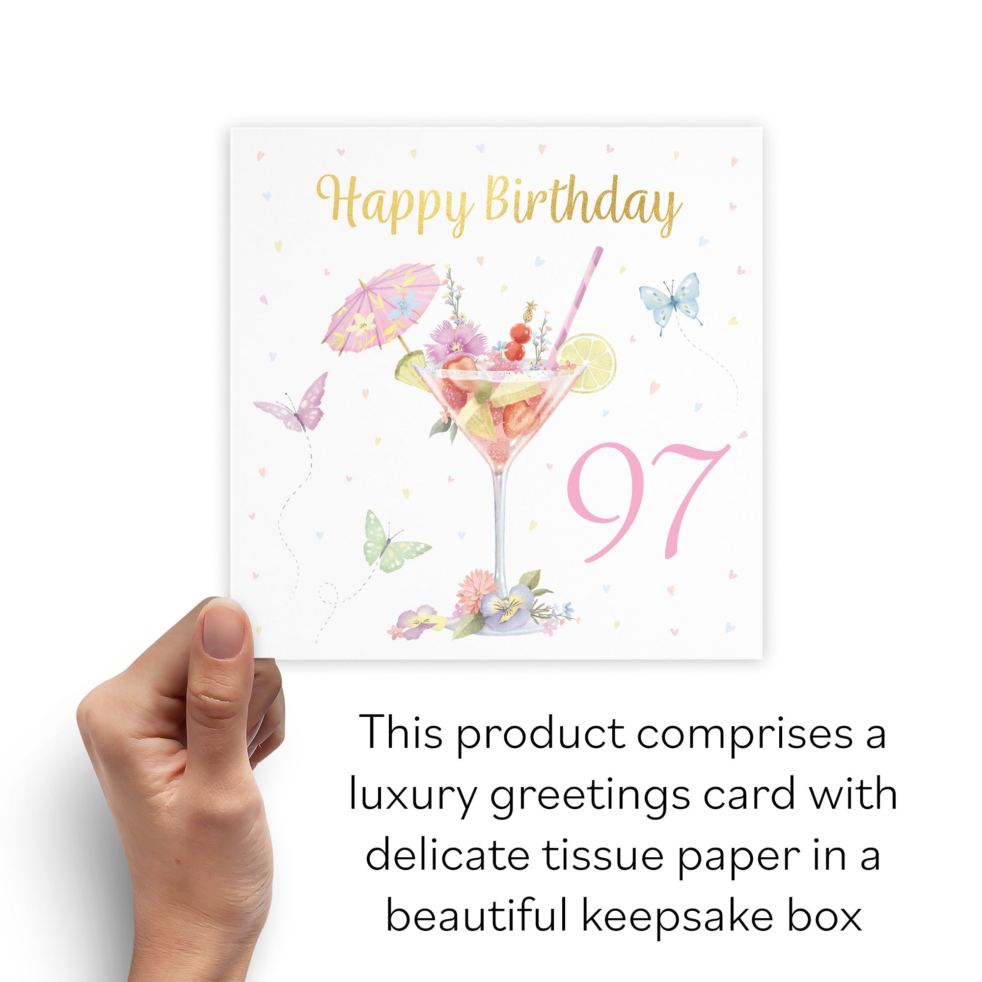 Boxed Pink Cocktail And Butterflies 97th Birthday Card Gold Foil Milo's Gallery - Default Title (B0D5YVR257)