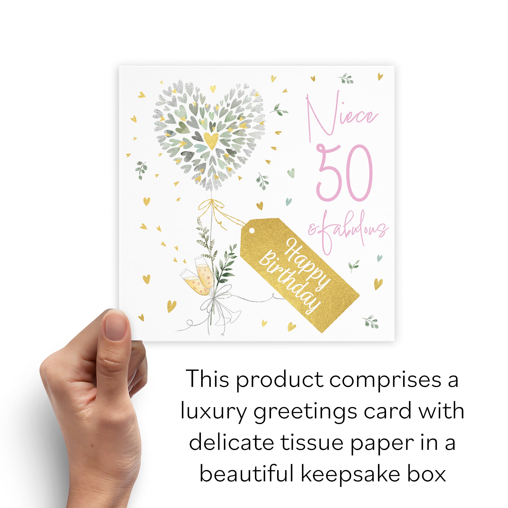 Boxed 50th Niece Contemporary Hearts Birthday Card Gold Foil Milo's Gallery - Default Title (B0D5YVW4QZ)