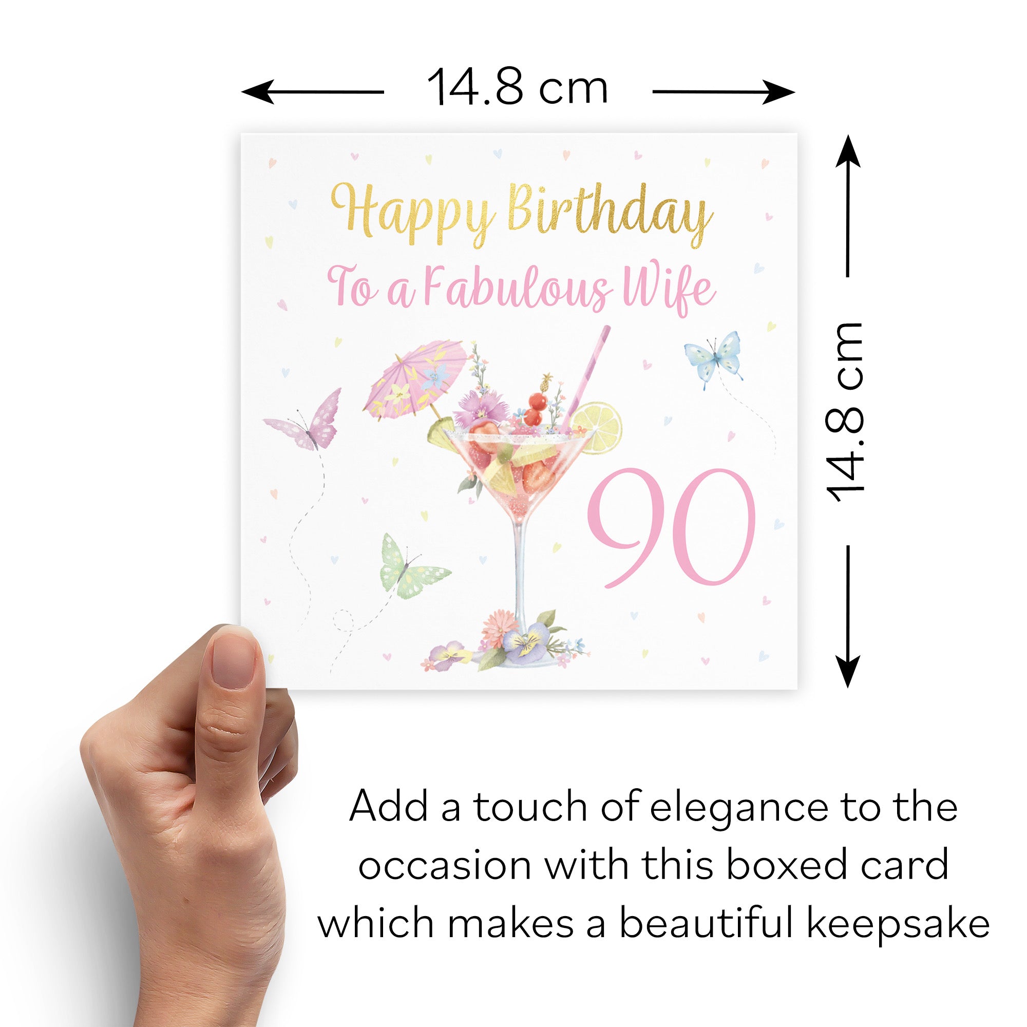 Boxed 90th Wife Pink Cocktail And Butterflies Birthday Card Gold Foil Milo's Gallery - Default Title (B0D5YW1P2J)