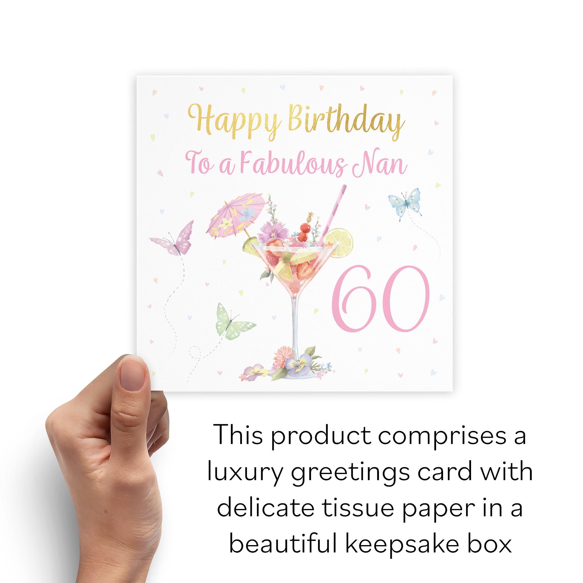 Boxed 60th Nan Pink Cocktail And Butterflies Birthday Card Gold Foil Milo's Gallery - Default Title (B0D5YWD2ZL)