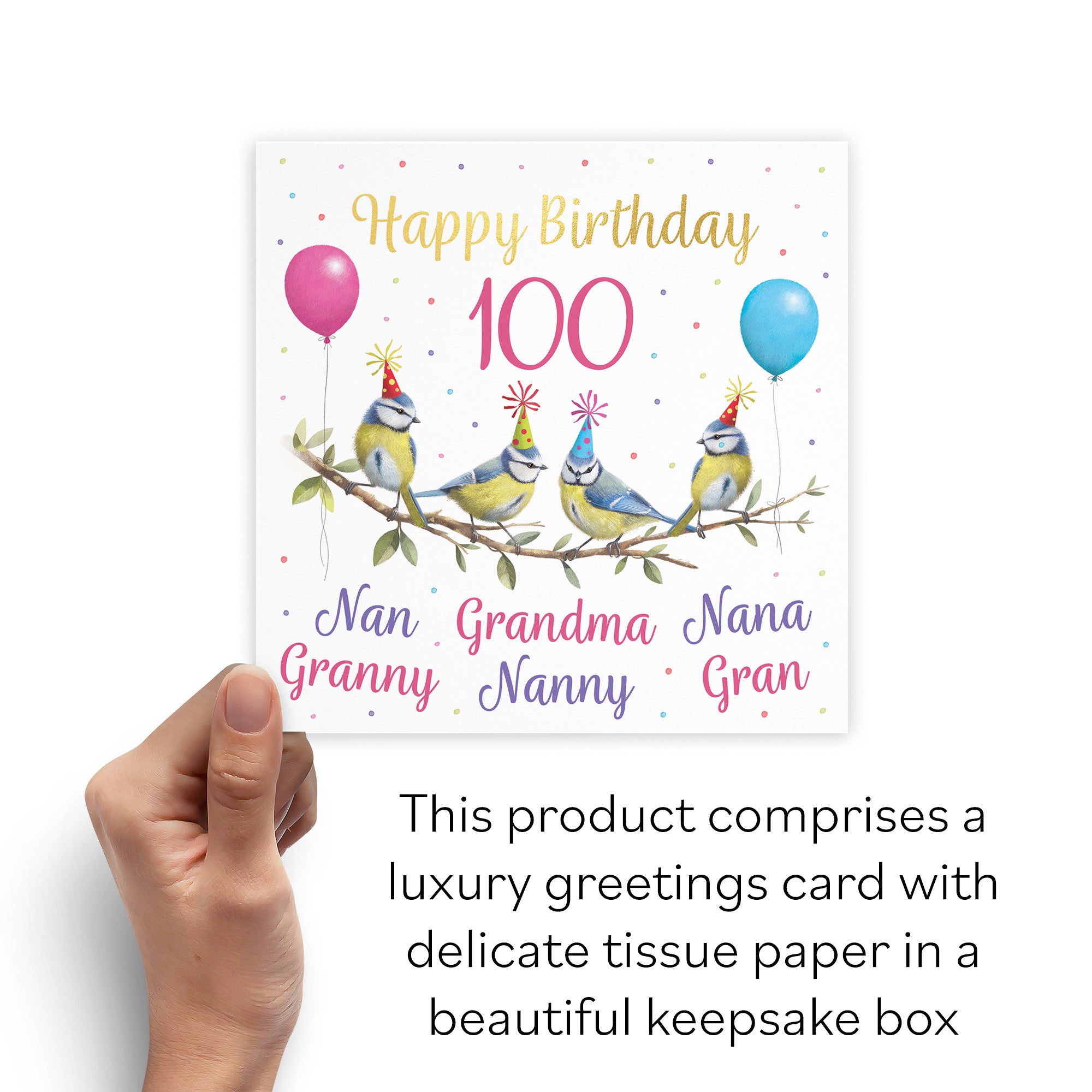 Boxed Multi Name Grandma Blue Tits 100th Birthday Card Gold Foil Milo's Gallery - Default Title (B0D5YWLTV8)