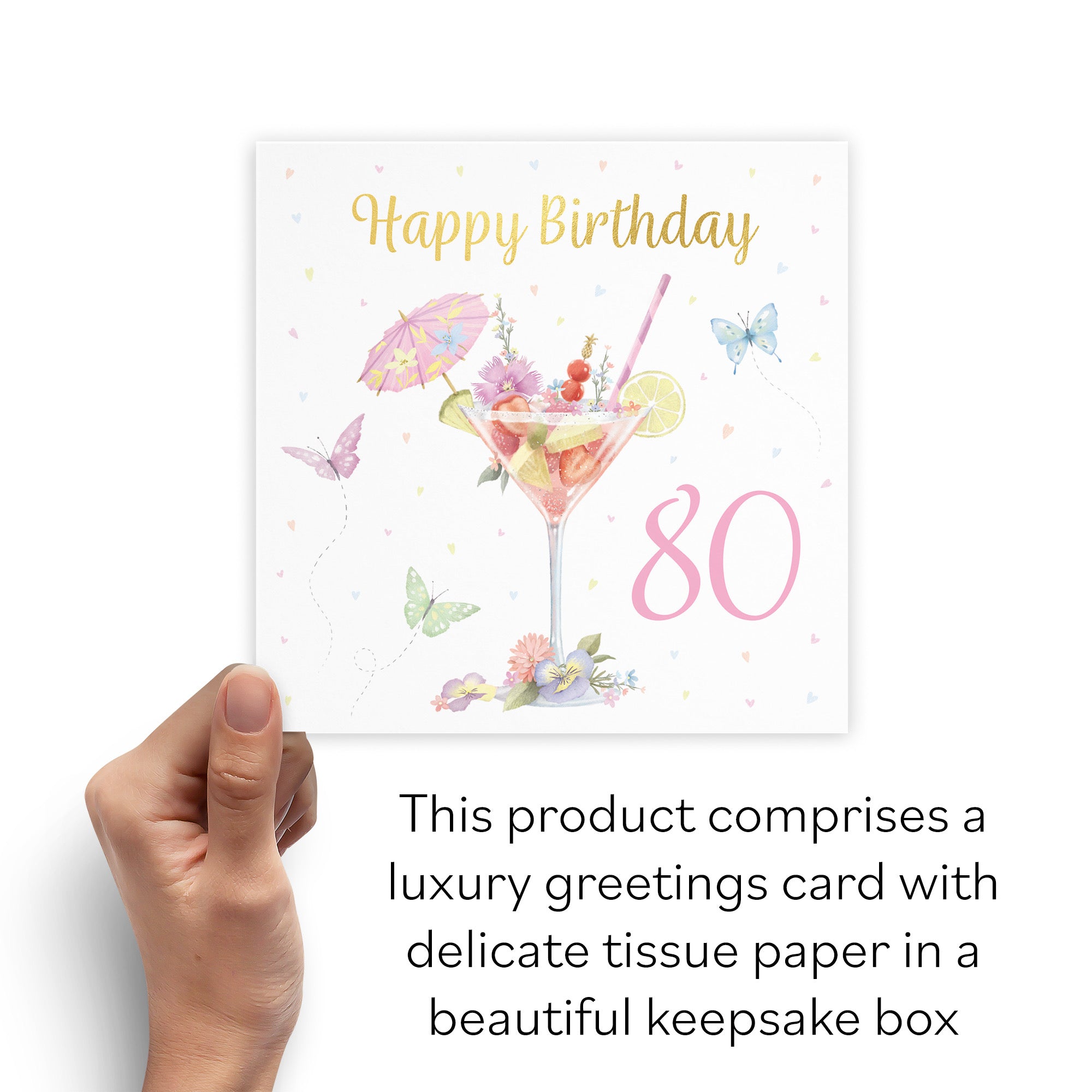 Boxed Pink Cocktail And Butterflies 80th Birthday Card Gold Foil Milo's Gallery - Default Title (B0D5YWQFBD)