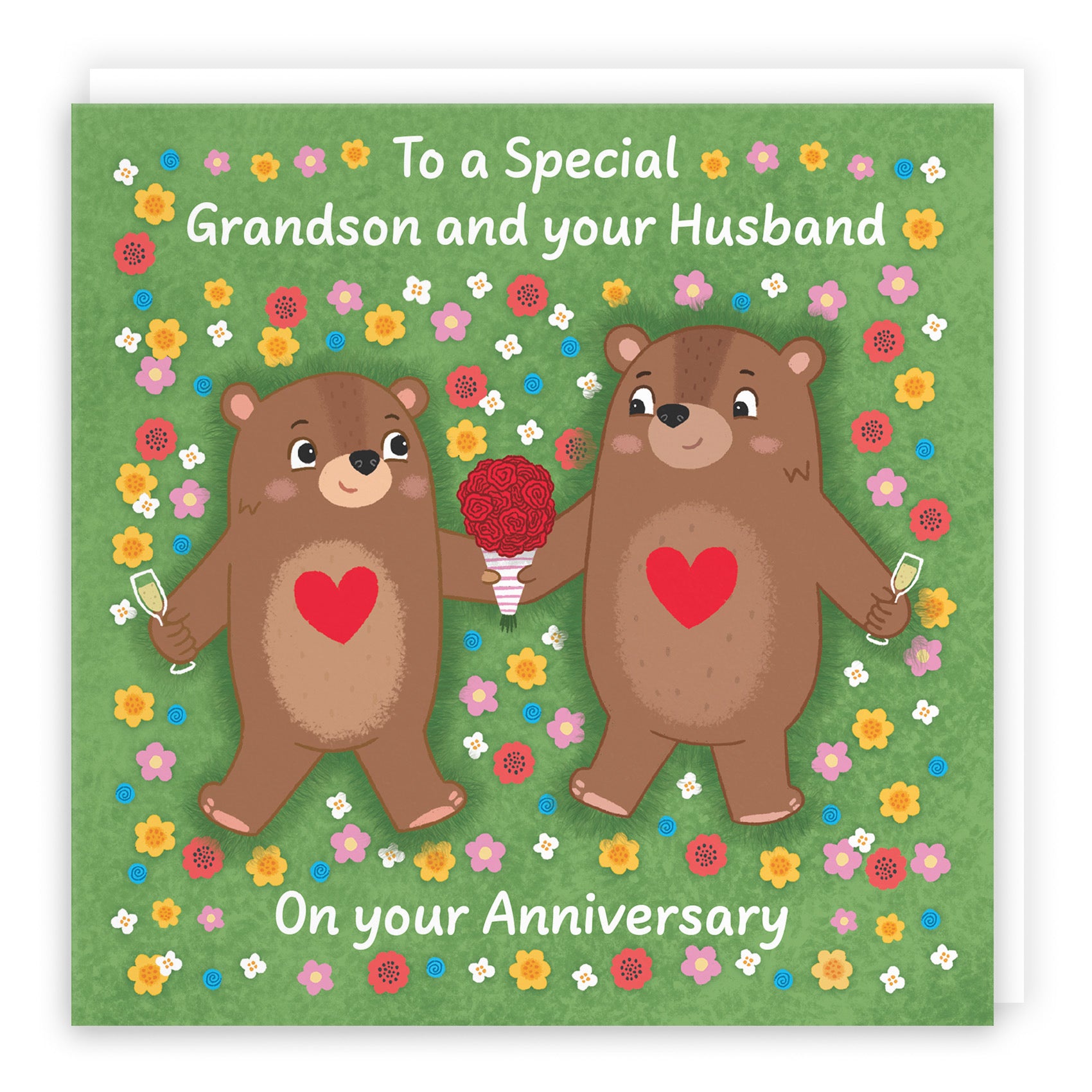 Grandson And Husband Anniversary Card Flowery Bears Love Story - Default Title (B0DHW95715)