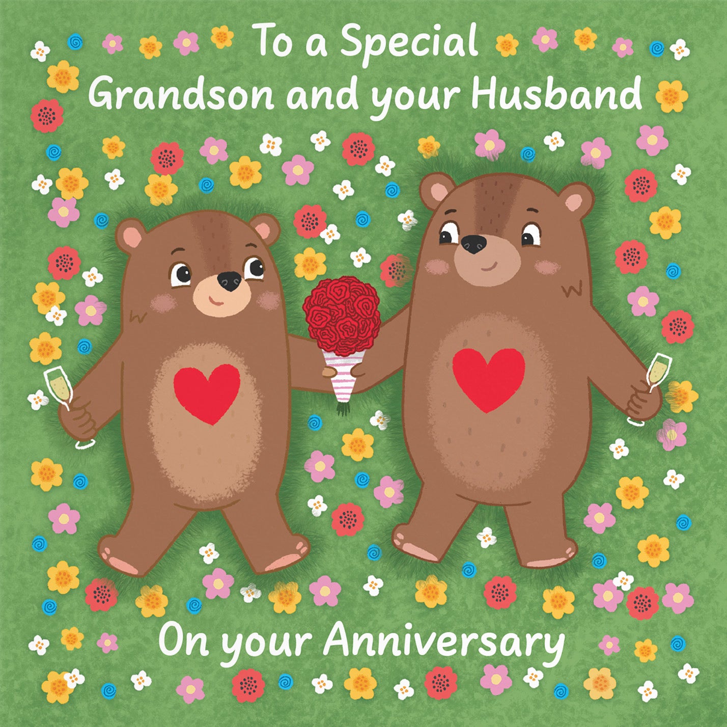 Grandson And Husband Anniversary Card Flowery Bears Love Story - Default Title (B0DHW95715)