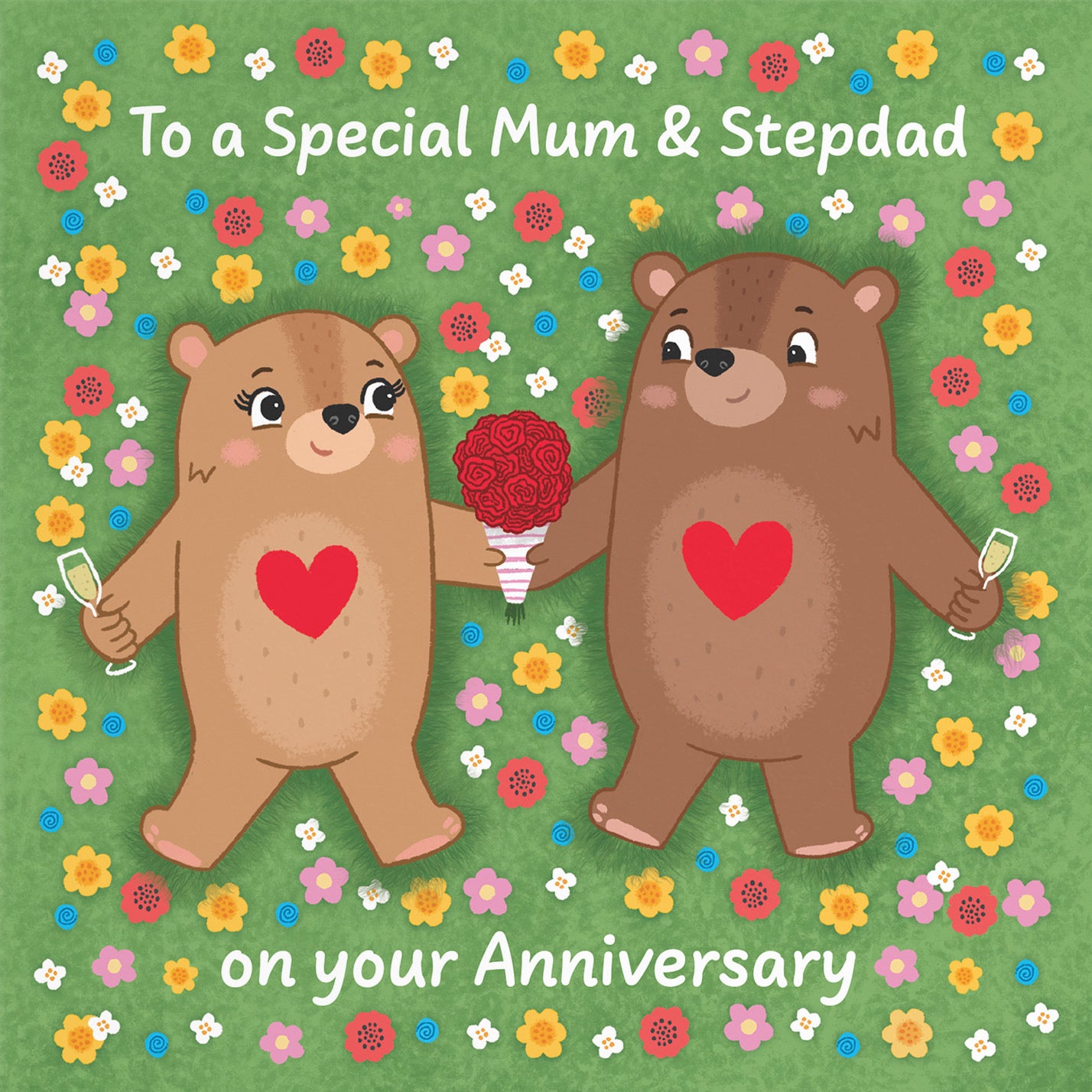 Mum And Stepdad Anniversary Card Flowery Bears Love Story - Default Title (B0DHWB8G71)