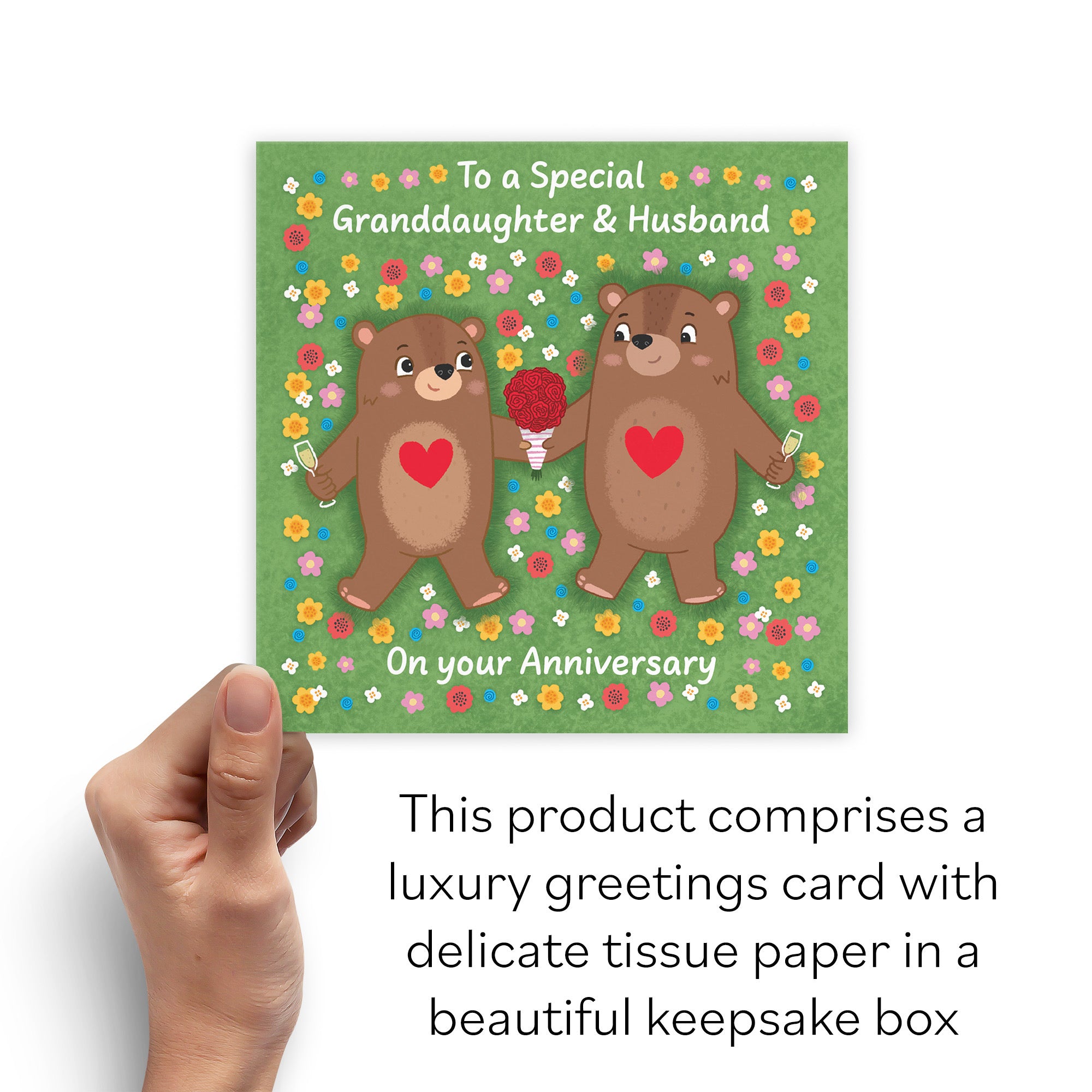 Boxed Granddaughter And Husband Anniversary Card Flowery Bears Love Story - Default Title (B0DHZTBWJN)