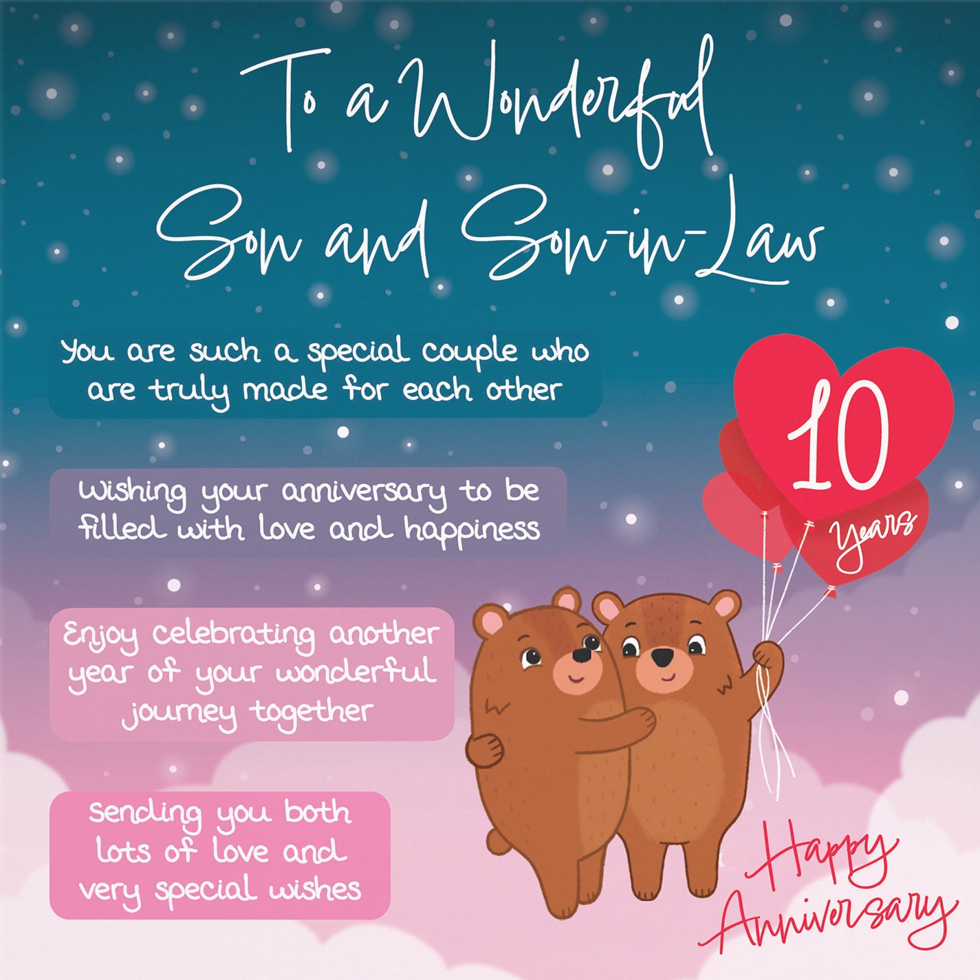 Son And Son In Law 10th Anniversary Card Starry Night Cute Bears