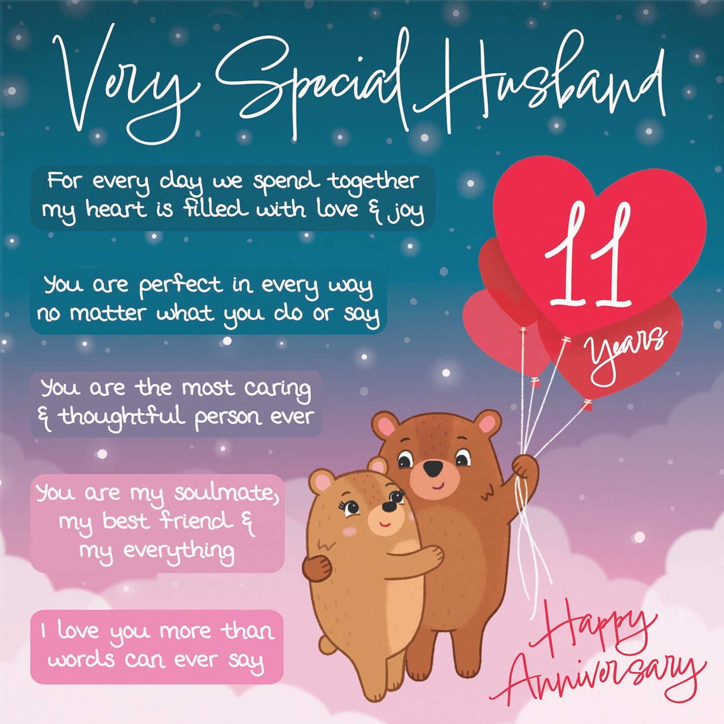 Husband 11th Anniversary Card Starry Night Cute Bears