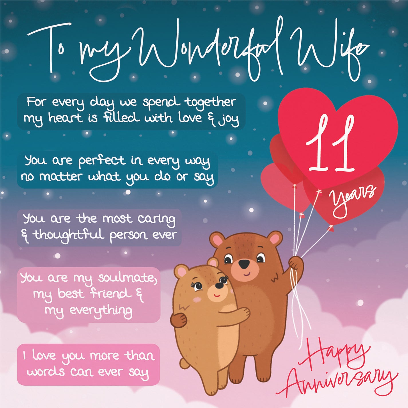 Wife 11th Anniversary Card Starry Night Cute Bears