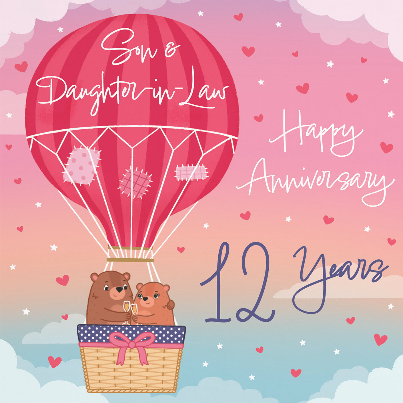 12th Son And Daughter-in-Law Hot Air Balloon Anniversary Card Cute Bears