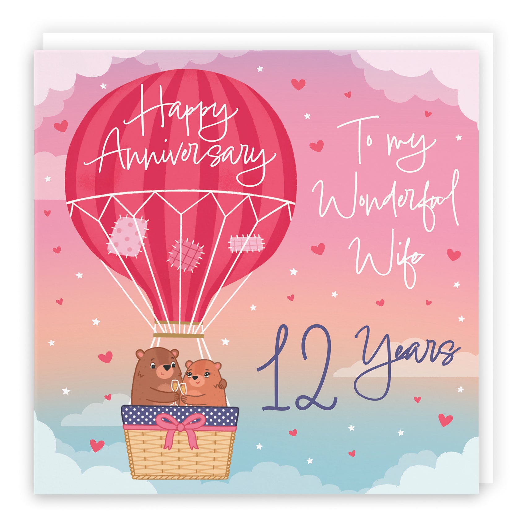 12th Wife Hot Air Balloon Anniversary Card Cute Bears