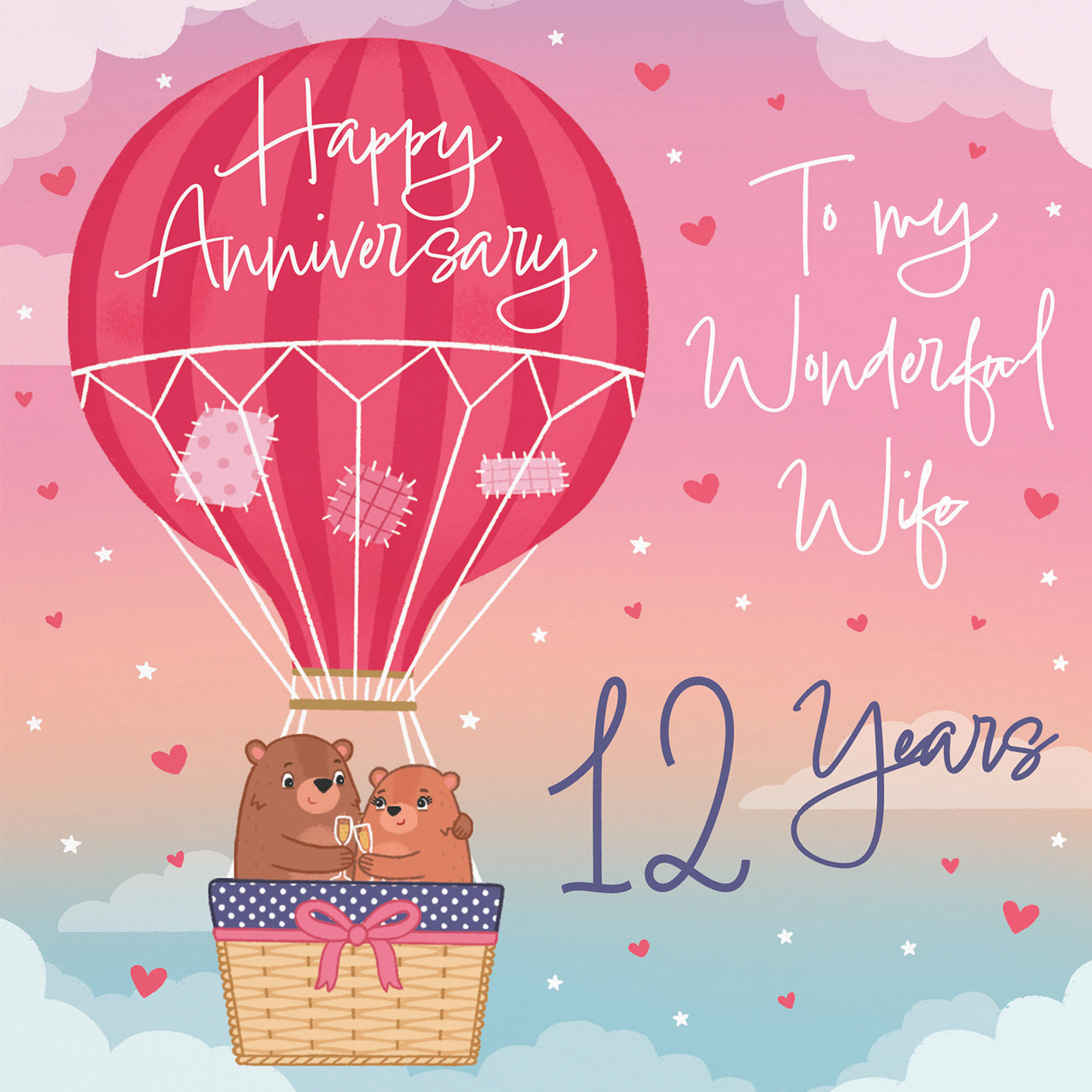 12th Wife Hot Air Balloon Anniversary Card Cute Bears