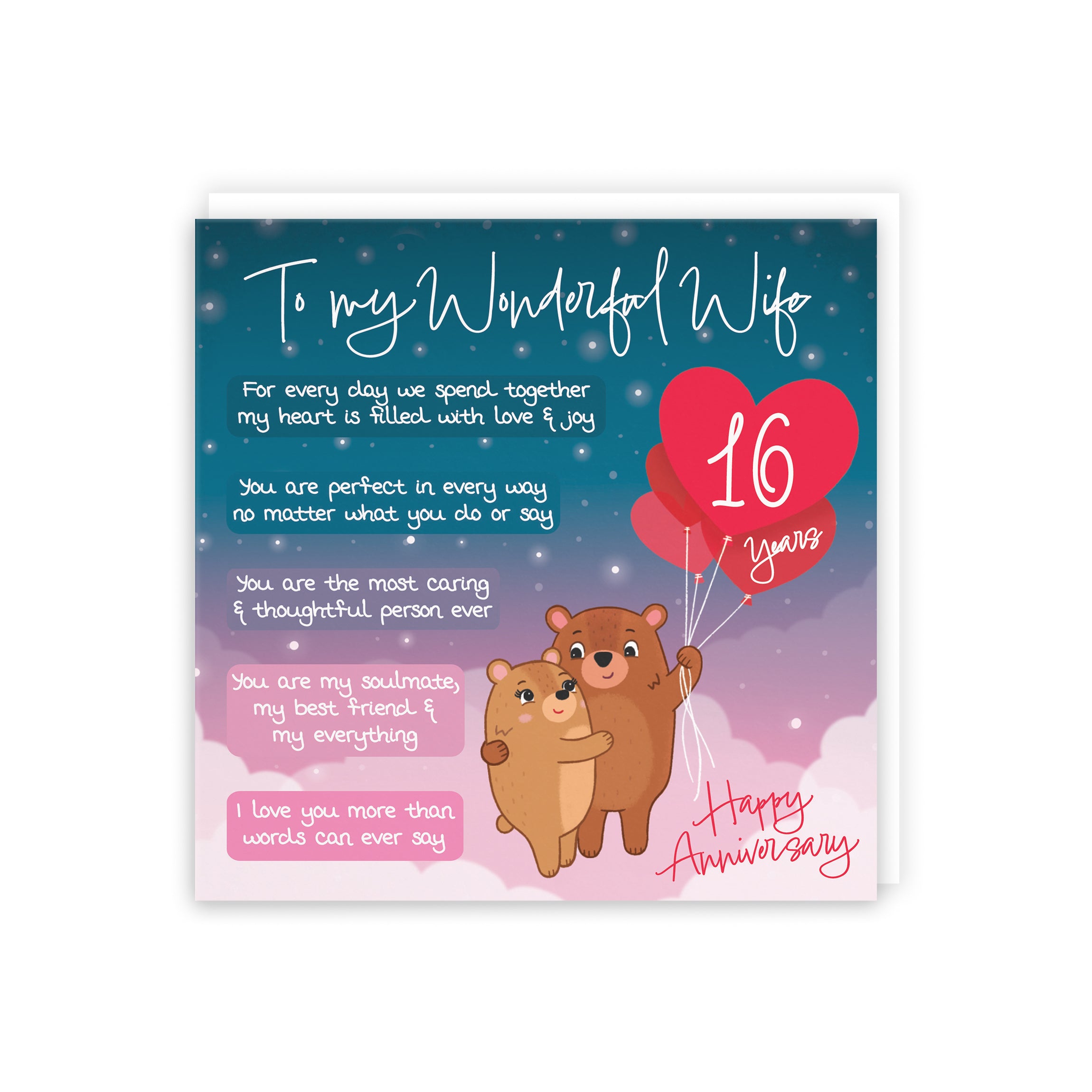Wife 16th Anniversary Card Starry Night Cute Bears