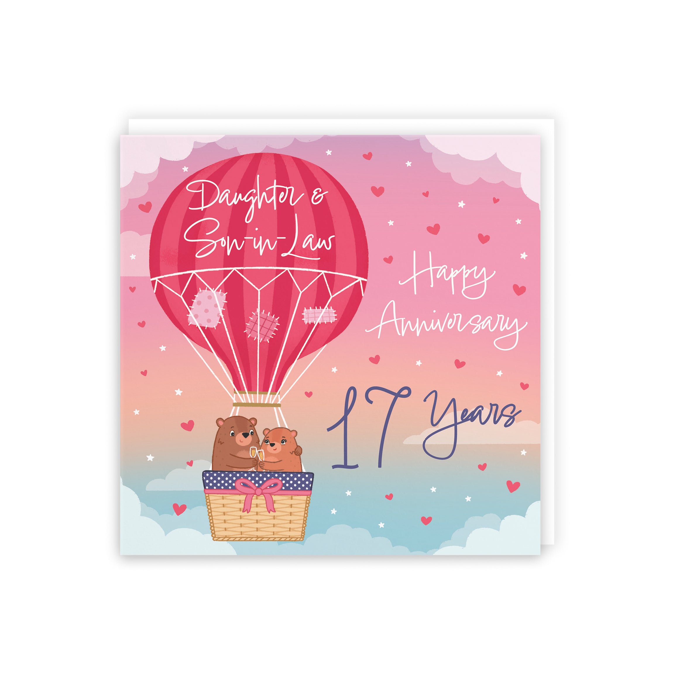 17th Daughter And Son-in-Law Hot Air Balloon Anniversary Card Cute Bears