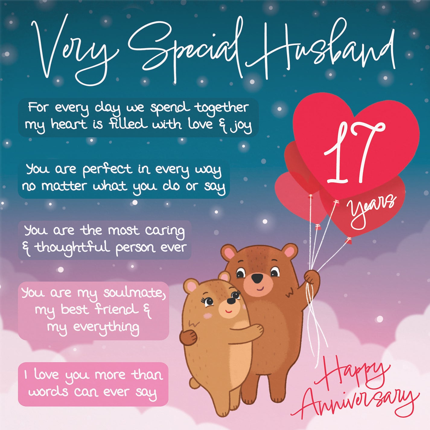 Husband 17th Anniversary Card Starry Night Cute Bears