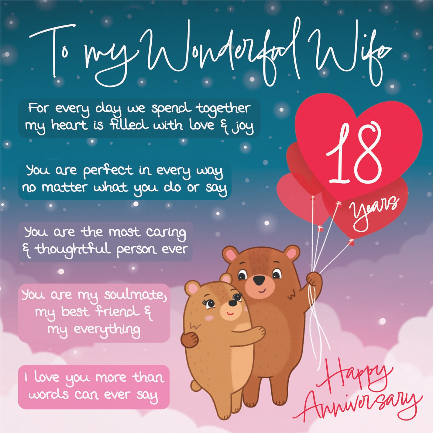 Wife 18th Anniversary Card Starry Night Cute Bears