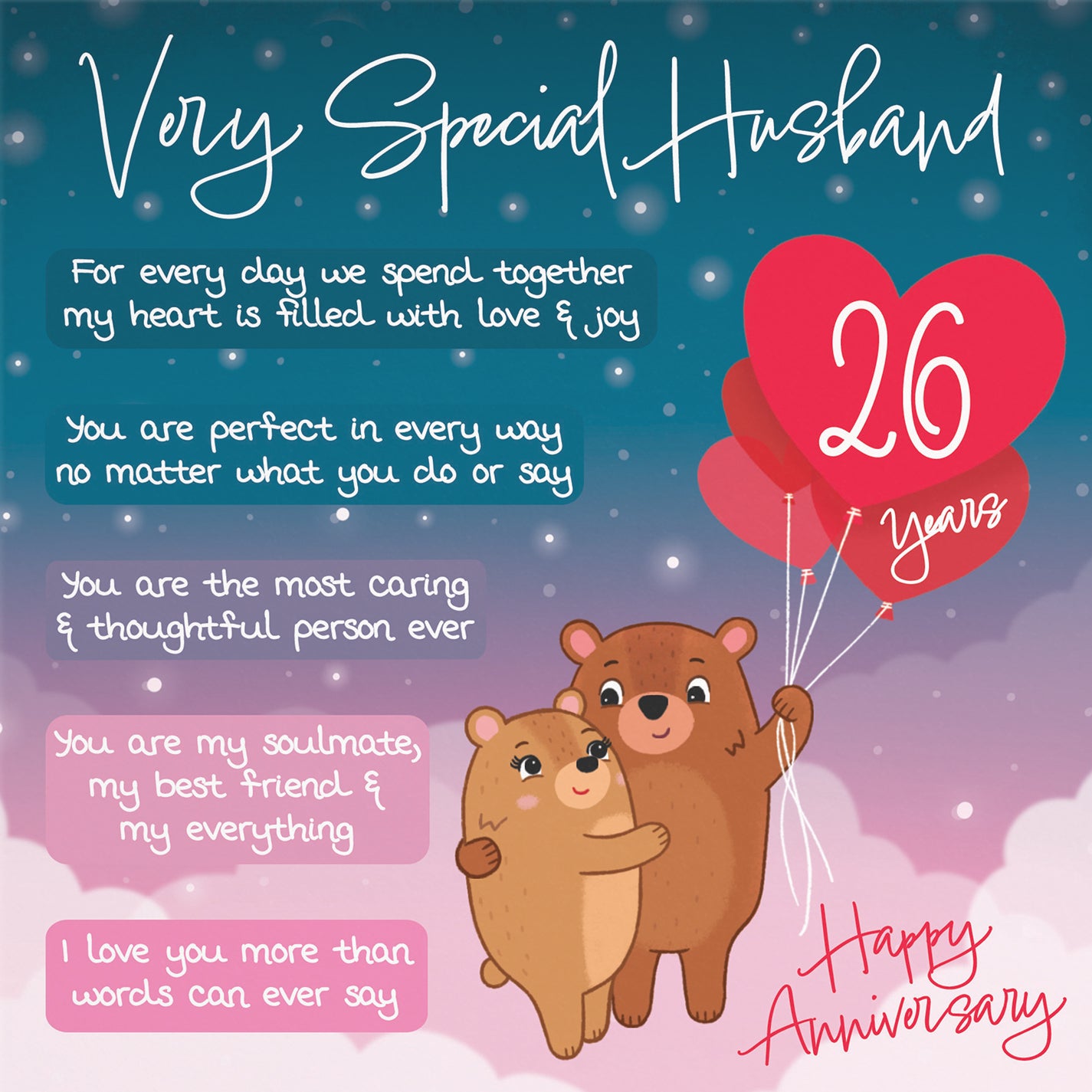 26th Husband Anniversary Card Starry Night Cute Bears