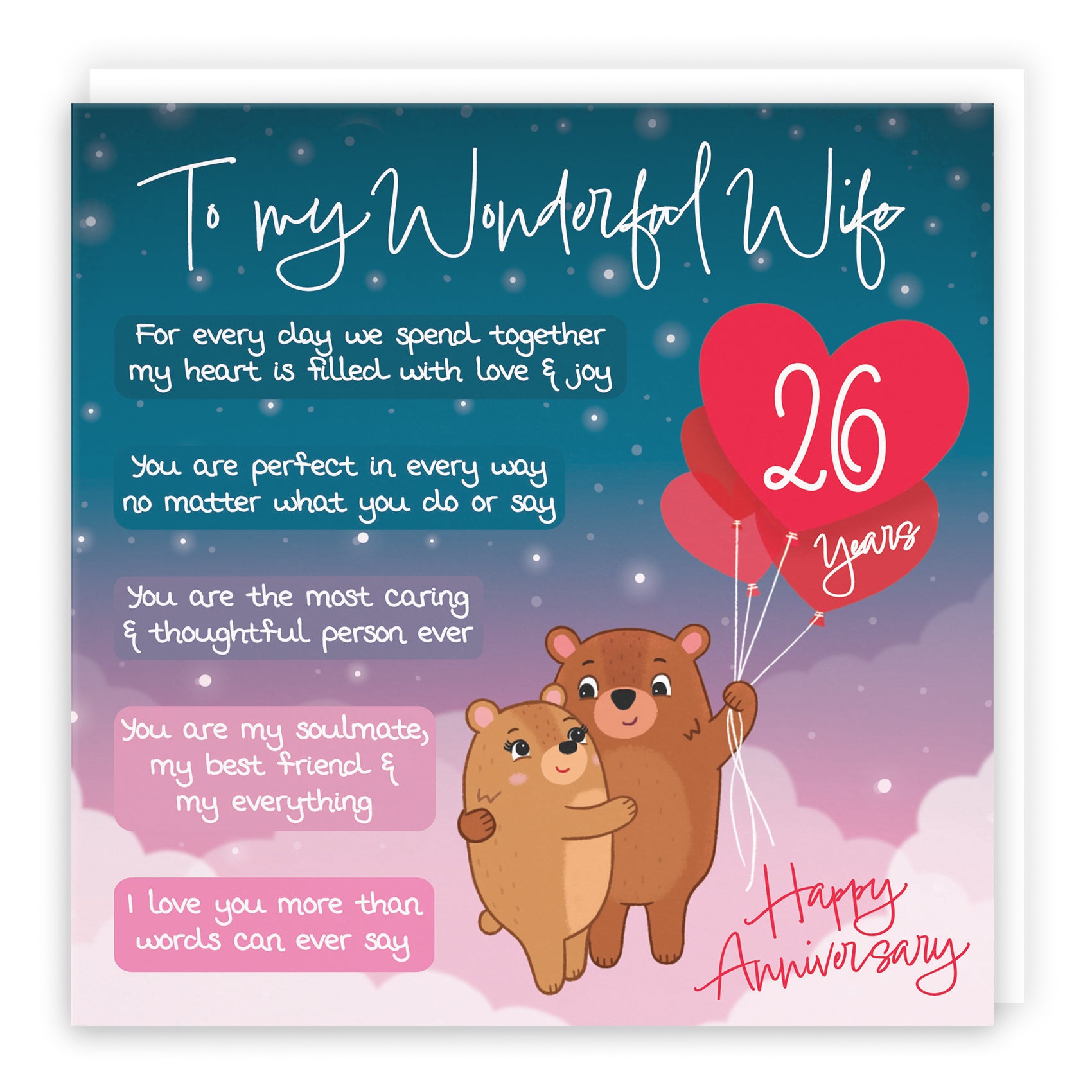 Wife 26th Anniversary Card Starry Night Cute Bears