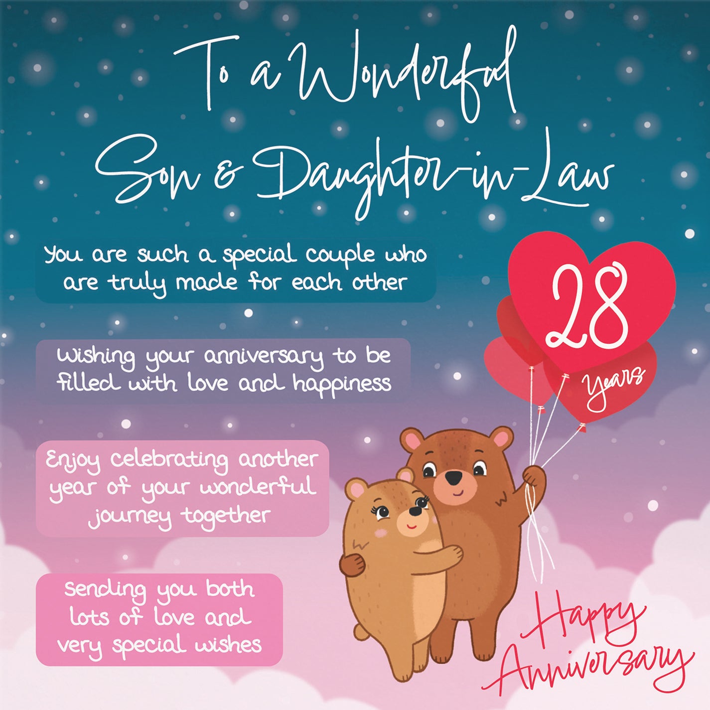 Son And Daughter In Law 28th Anniversary Card Starry Night Cute Bears